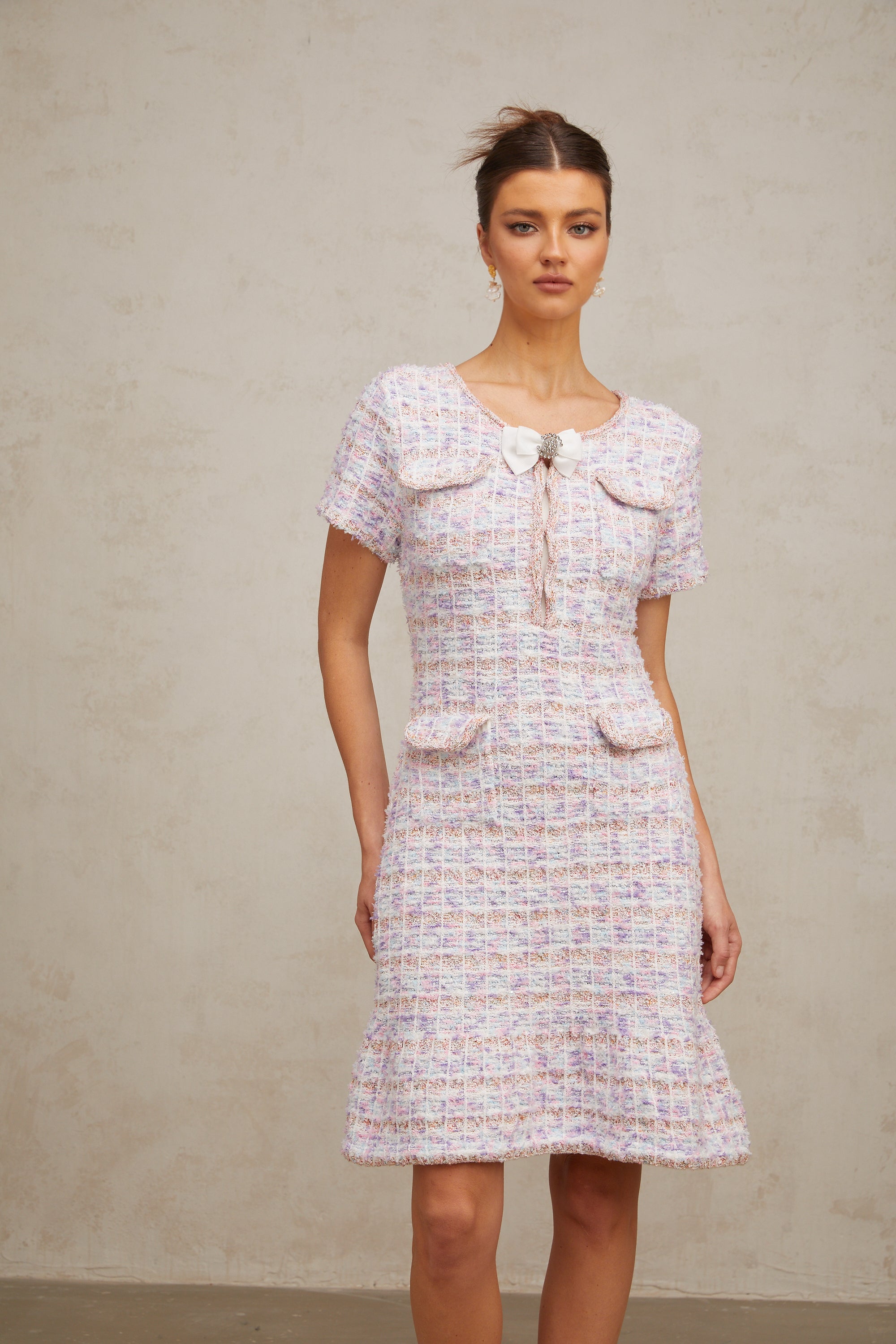Hyacinthe purple checked knit midi dress