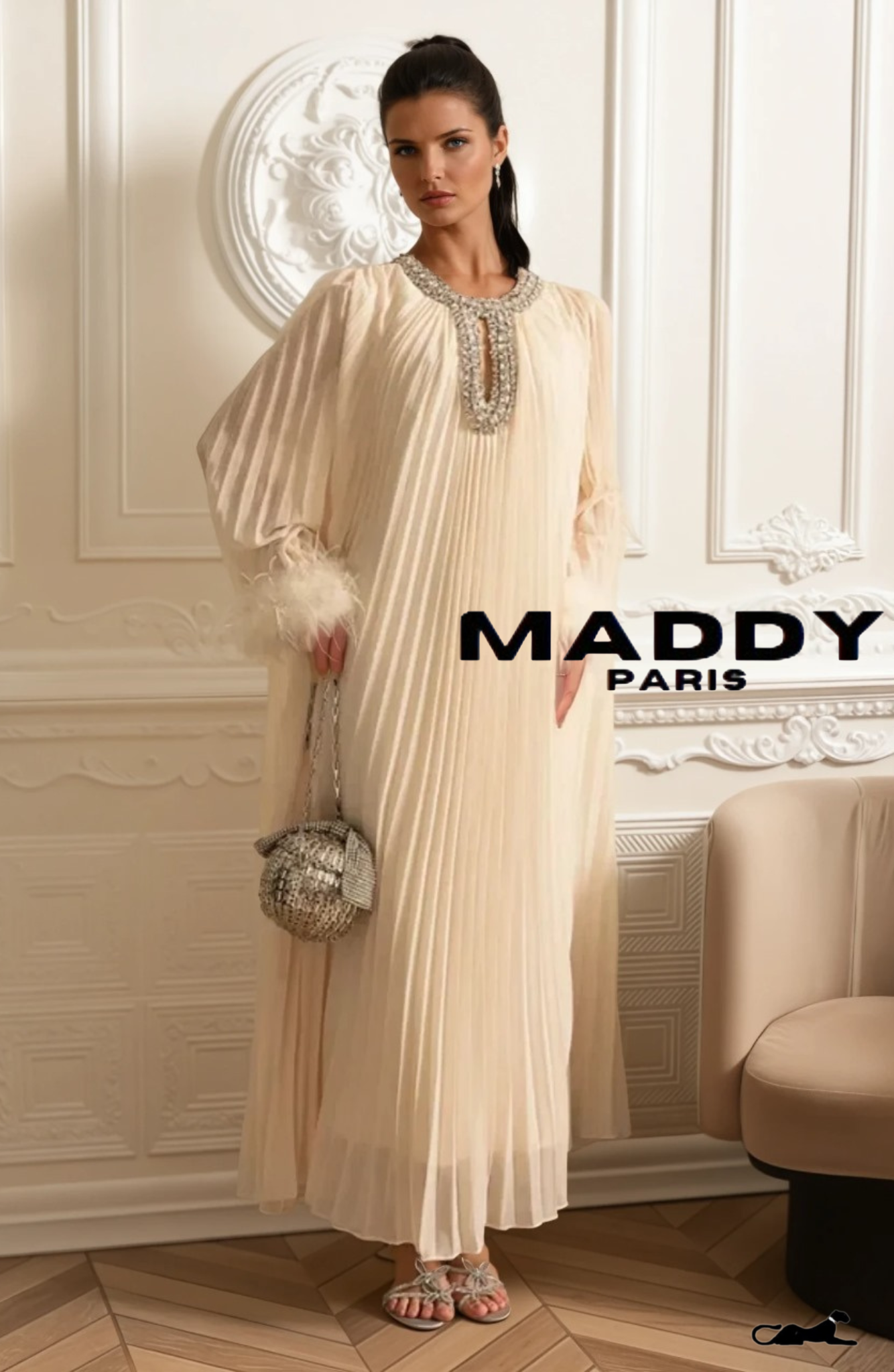 LAMISS Pleated  Maxi Dress With Feathered Cuffs And Sparkling Neckline - Ivoire