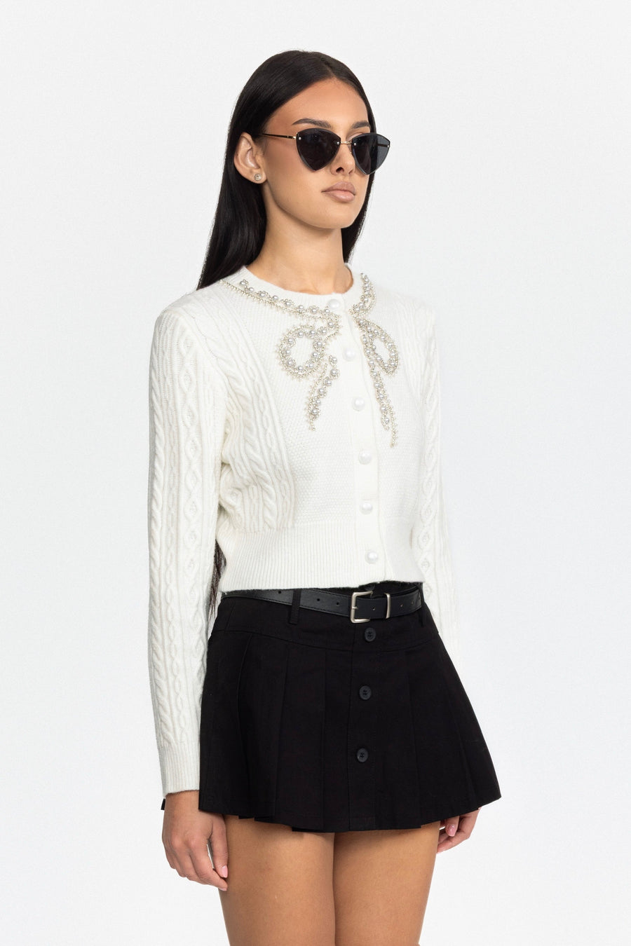 Philippa Belted Pleated Button Front Mini Skirt - Black