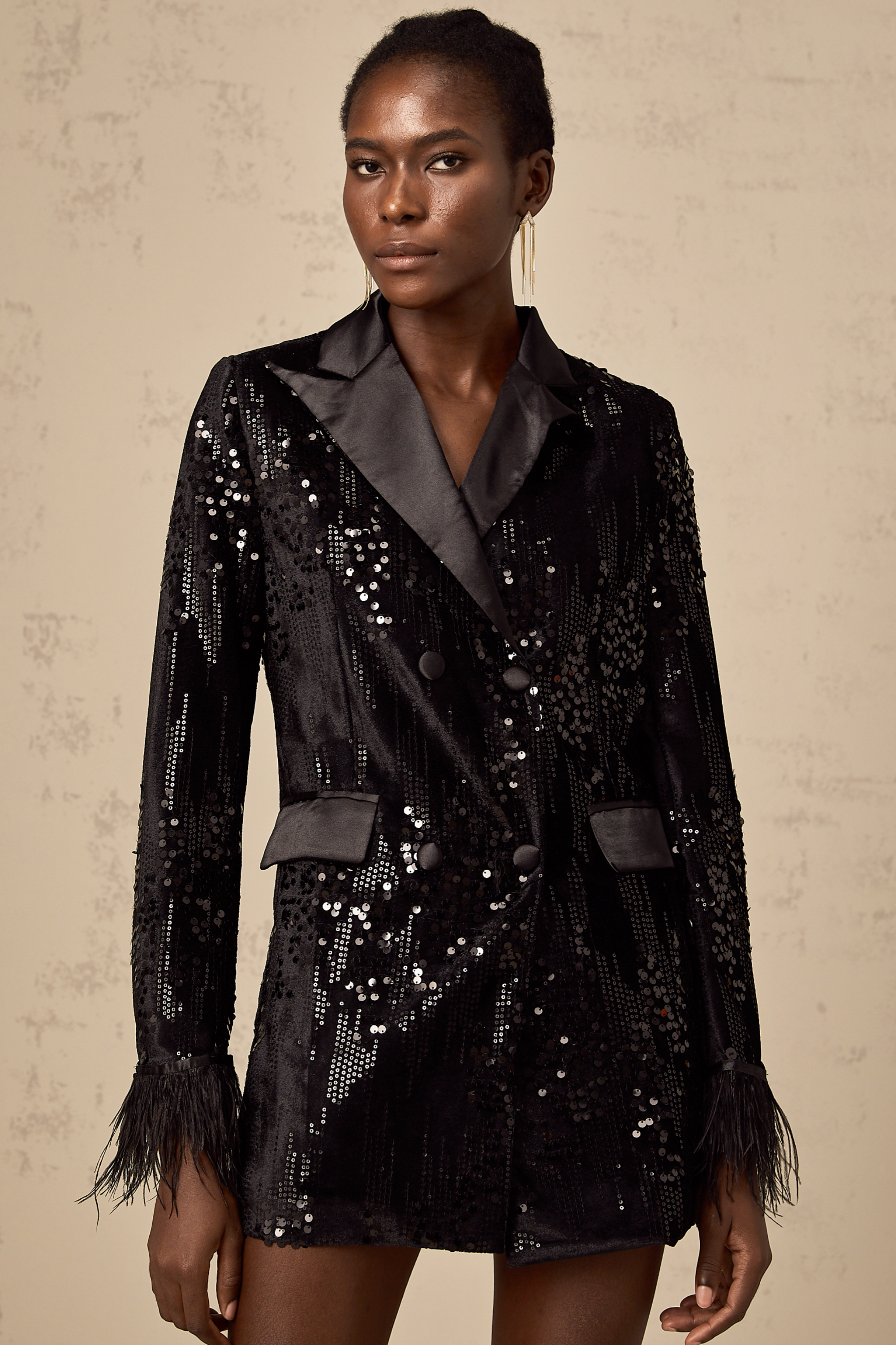 Ariane black feather-trim sequin-embellished blazer (US Only)