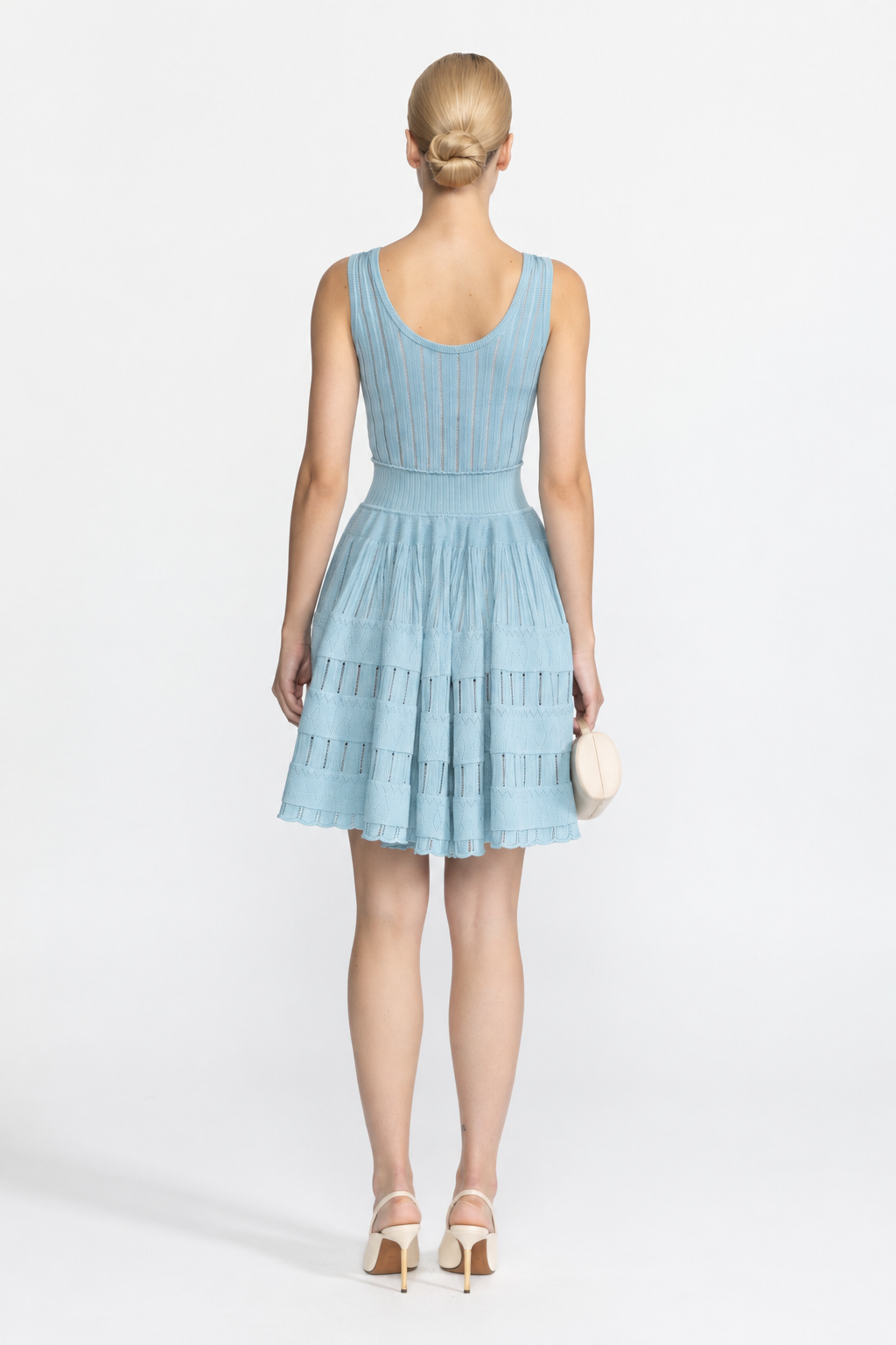 Jacinthe Light Blue Rib Pointelle Knit Cropped Cardigan and Skater Dress Set