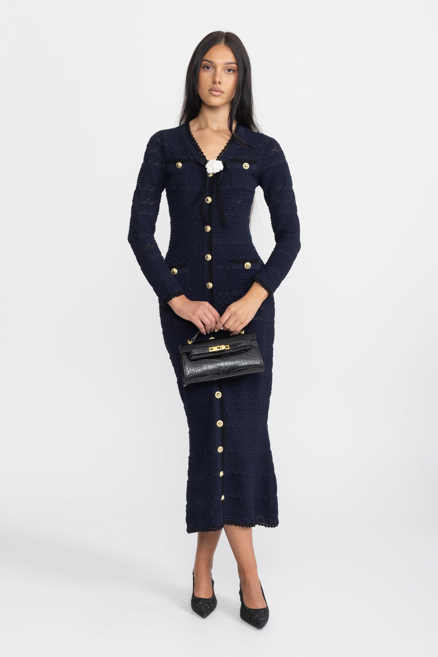 Adeline Crochet Trim Knit Button Midi Dress with Flower Brooch - Navy