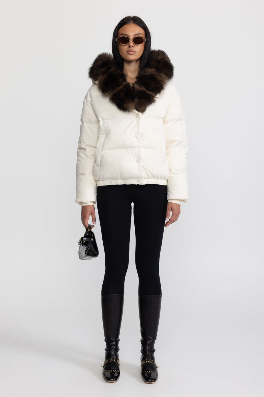 Eulalie Fox Fur Hood Cropped Down Puffer Jacket - Ivoire