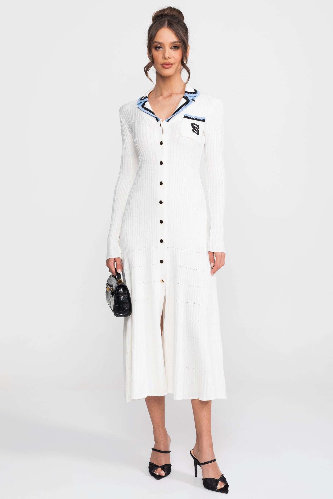 Long Sleeve Knit Midi Dress With Polo Collar And Monogram Patch - White