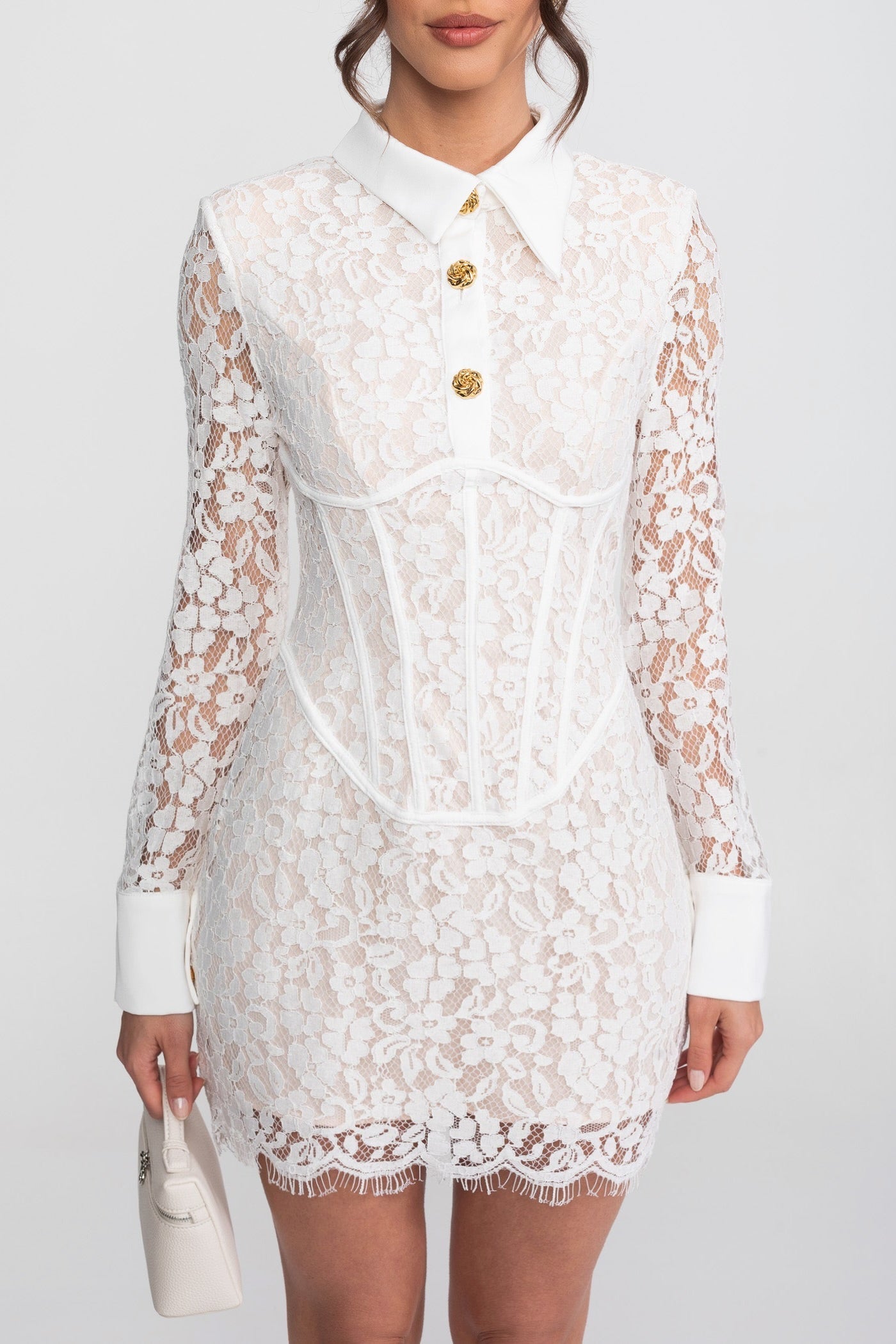 Long Sleeved Lace Mini Dress With Scallop Hem - White