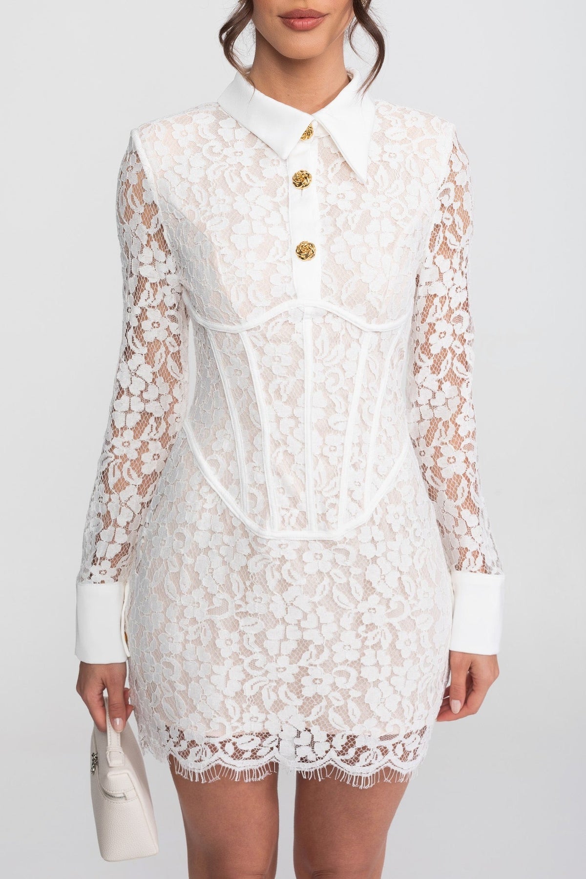 Long Sleeved Lace Mini Dress With Scallop Hem - White