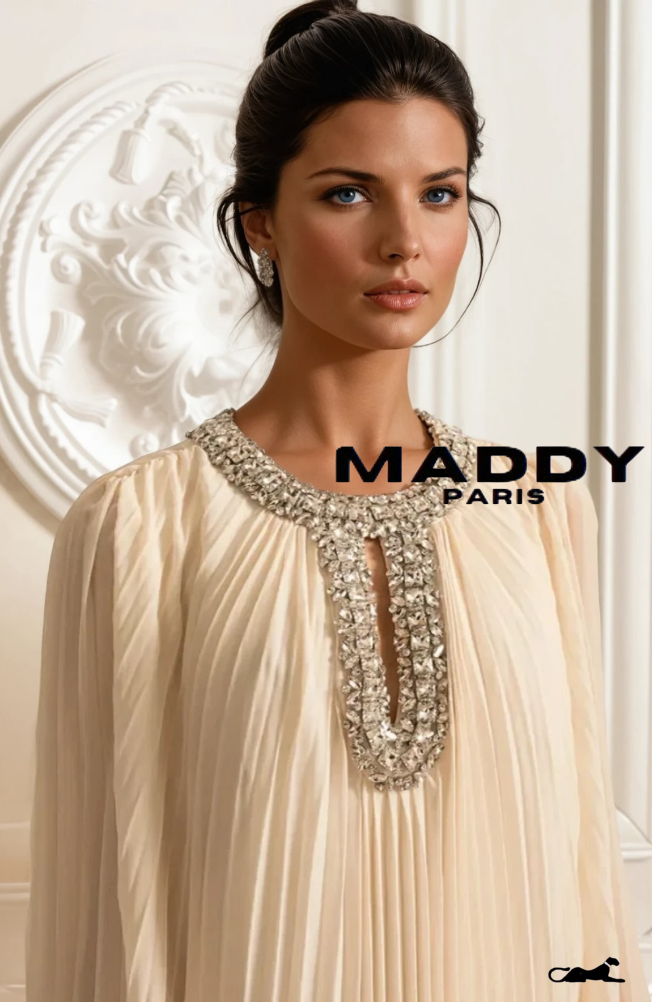 LAMISS Pleated  Maxi Dress With Feathered Cuffs And Sparkling Neckline - Ivoire