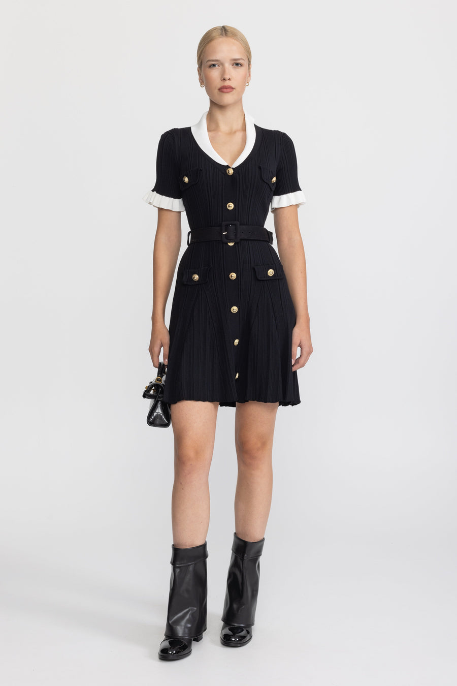 Bérénice Ribbed Knit Contrast Collar Belted Mini Dress - Black