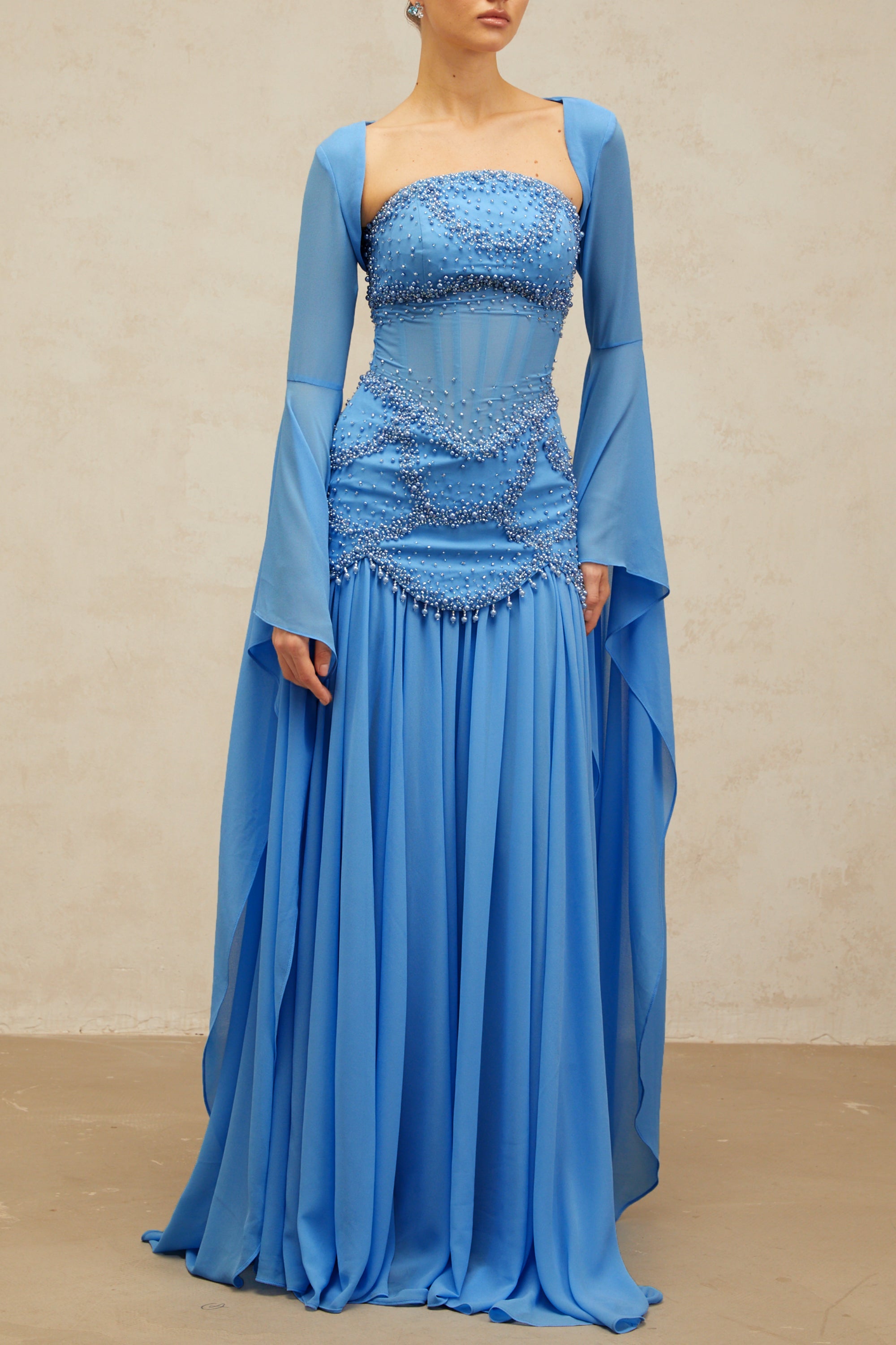 Gaëlle blue faux-pearl-embellished pleated maxi dress (Final Sale-US Only)
