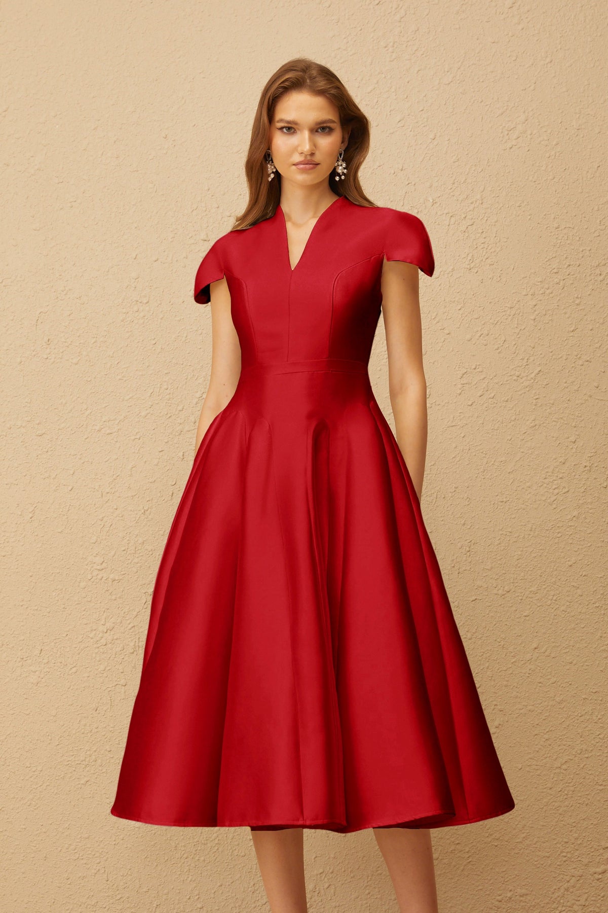 Aventin Red Godet Design Midi Dress