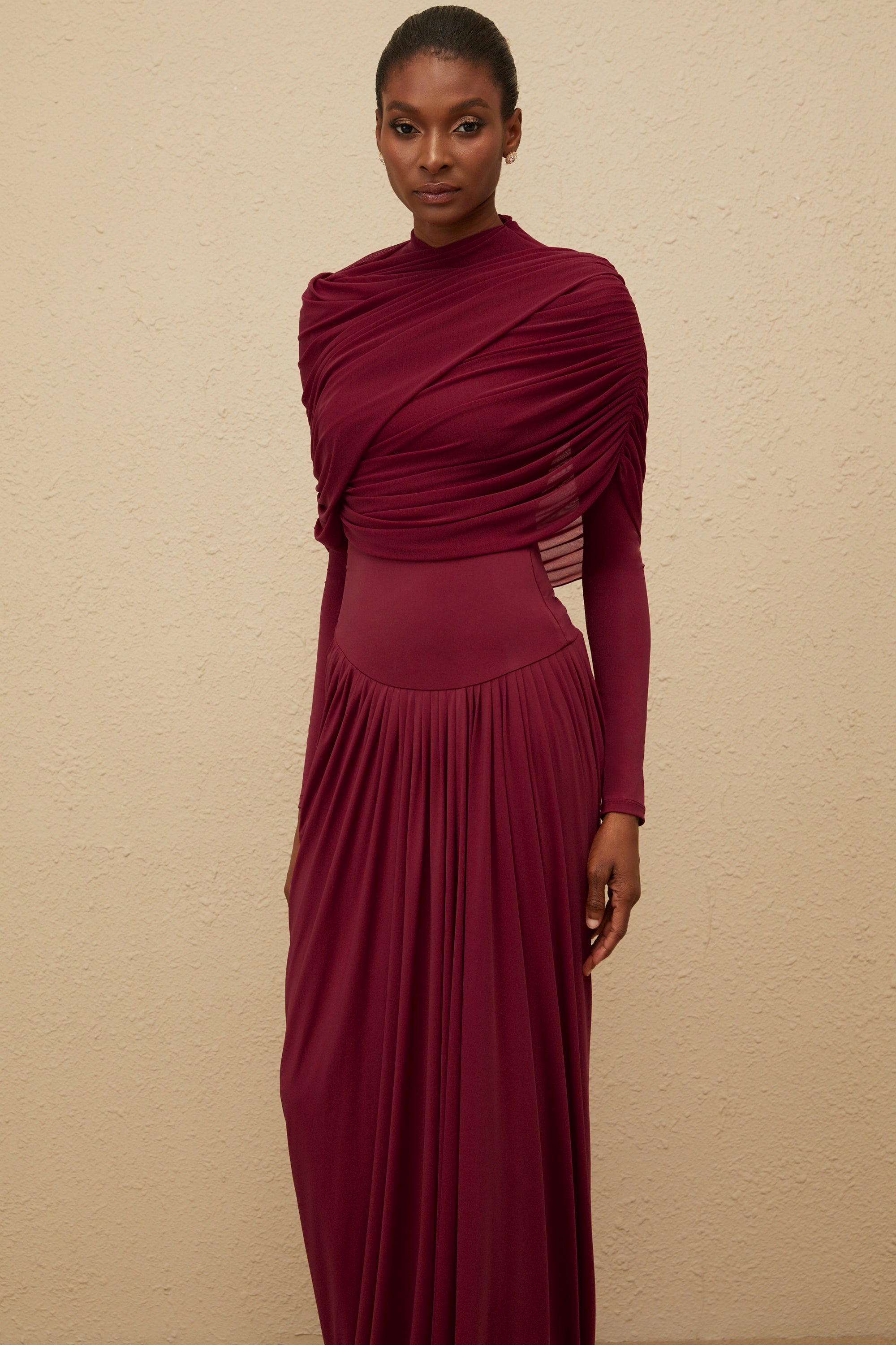Catherine Red Asymmetrical Pleated Long-Sleeve Maxi Dress (Final Sale)