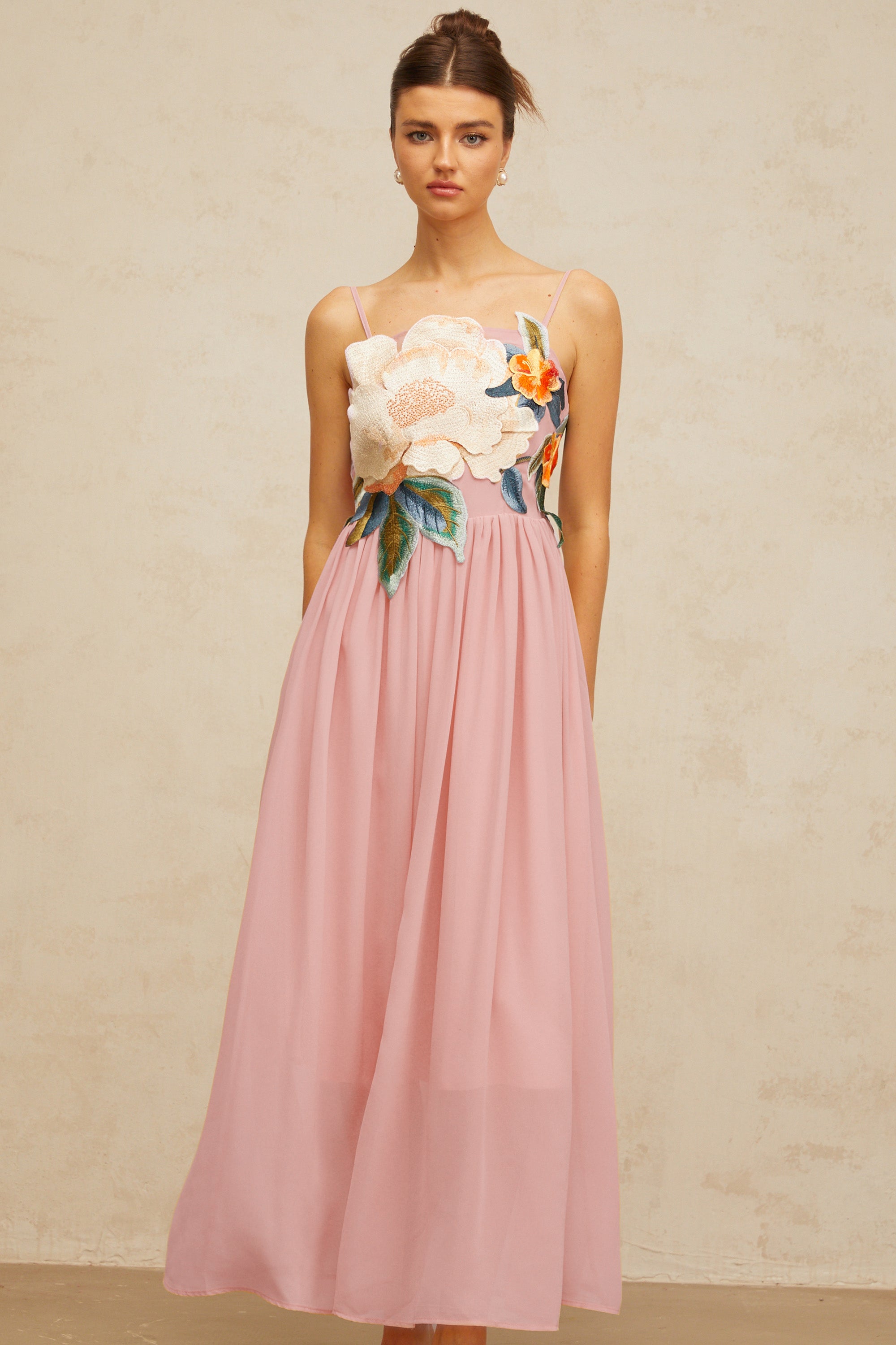 Josette floral-embroidered shirred maxi dress in Pink
