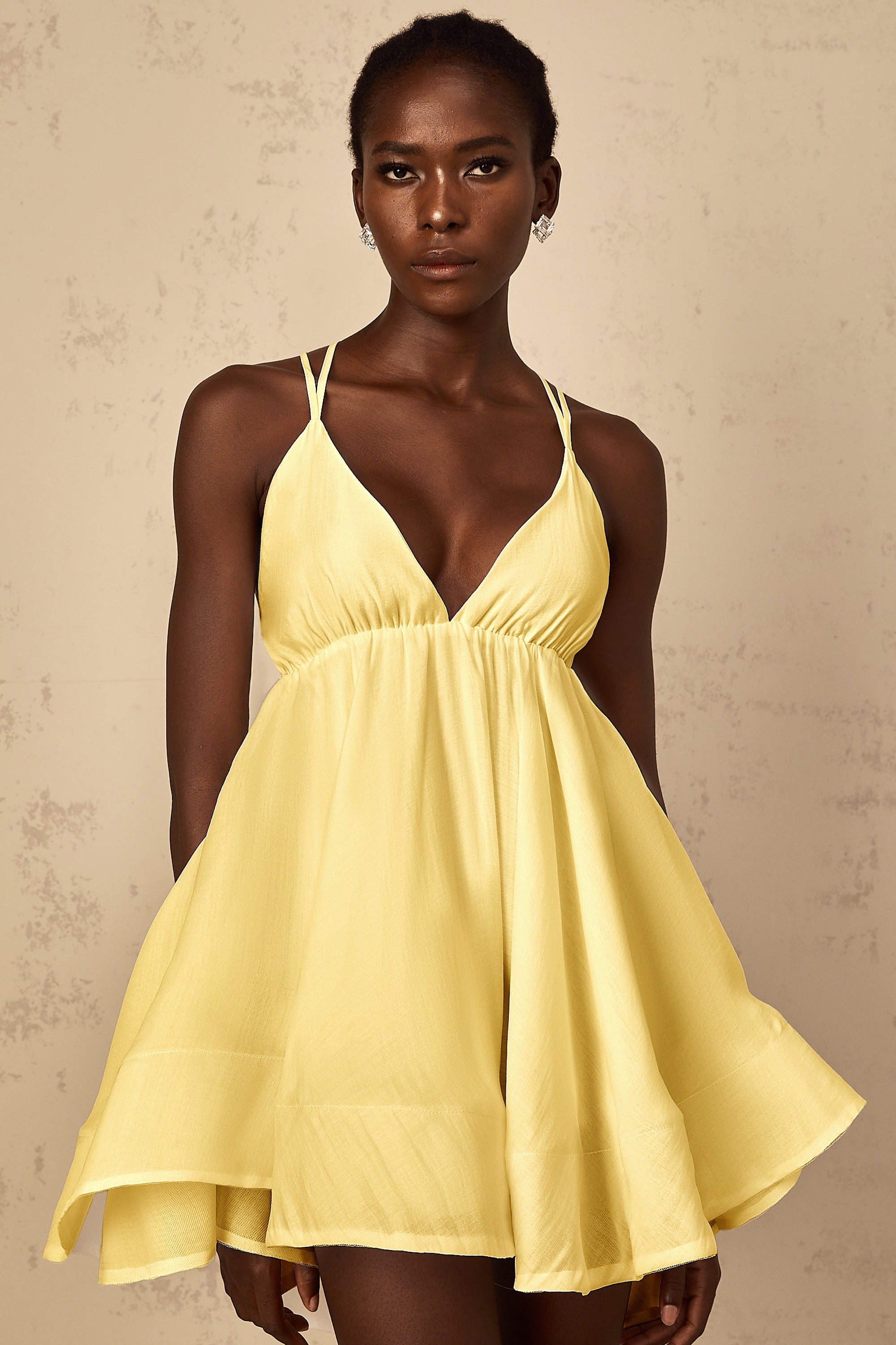 Quincie Yellow Shirred Flounced Mini Dress (Final Sale)