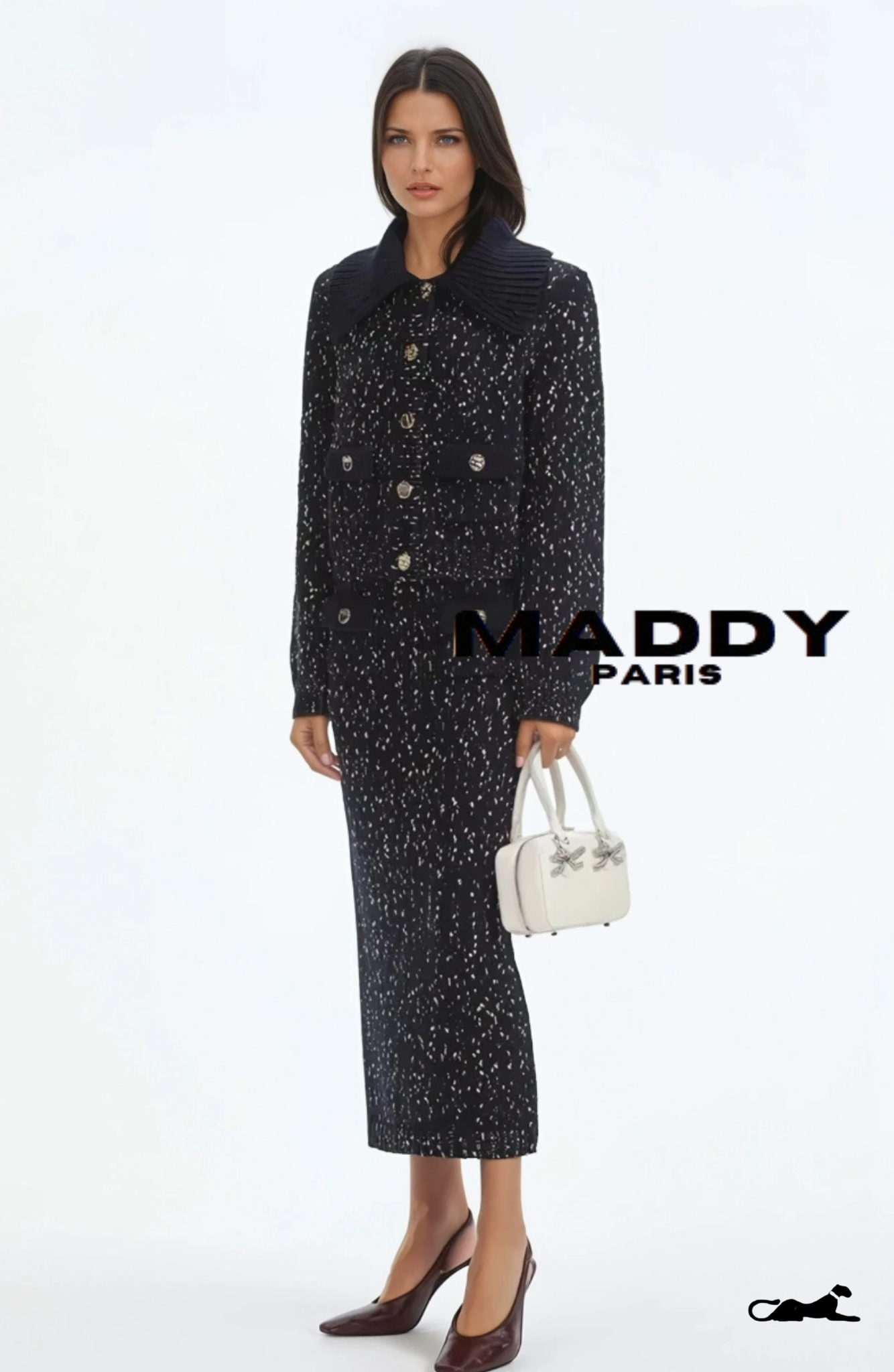 MADDY PARIS EVANGELINE TWEED MAXI SKIRT DRESS SET - BLACK & WHITE