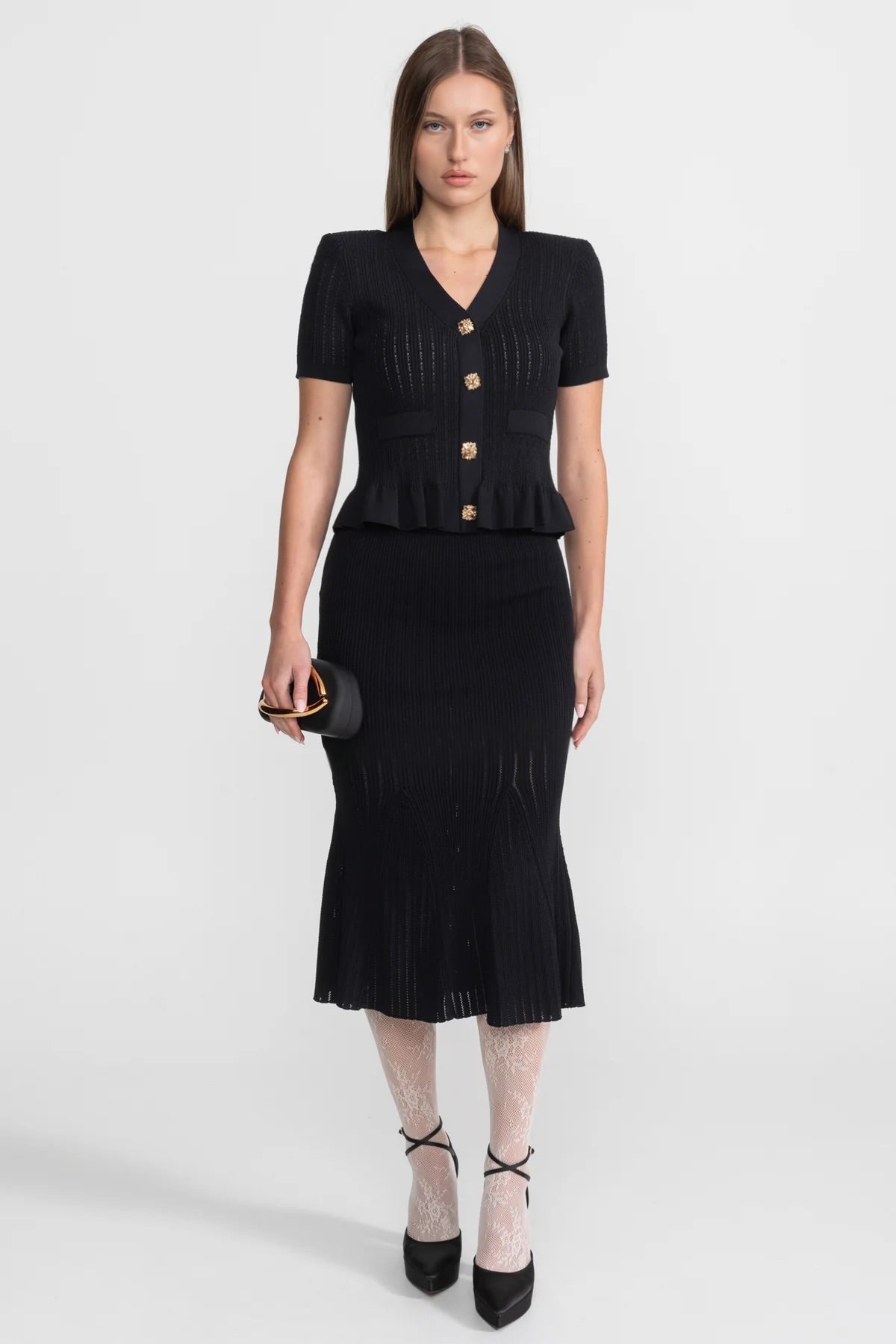Knit Midi Co-Ord with Peplum Waist and Gold Buttons – Black
