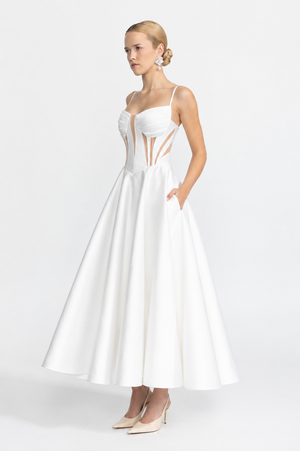 Josephine White Sheer Panel Satin Corset Midi Dress