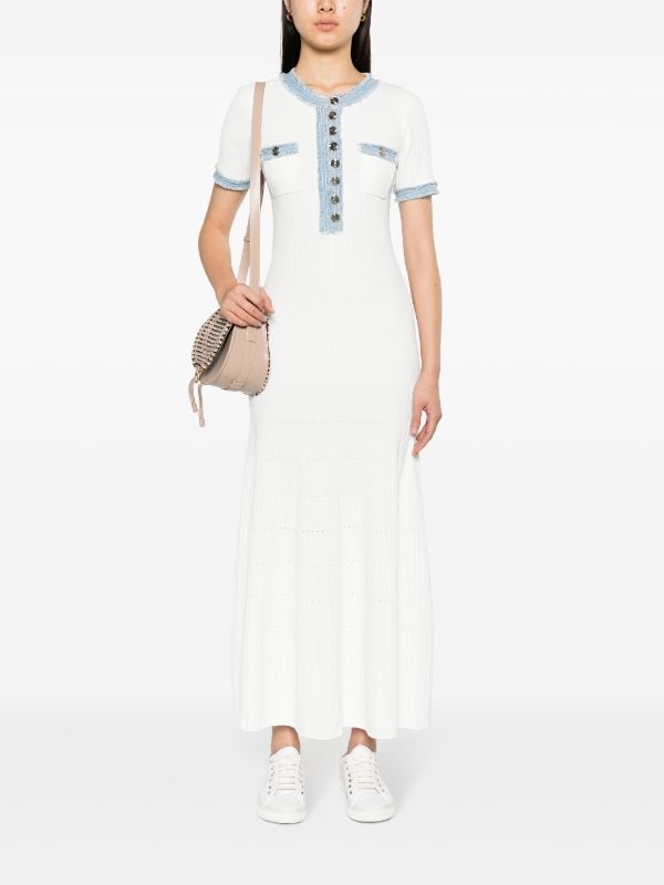 SANDRO DENIM-TRIM KNITTED MAXI DRESS - WHITE