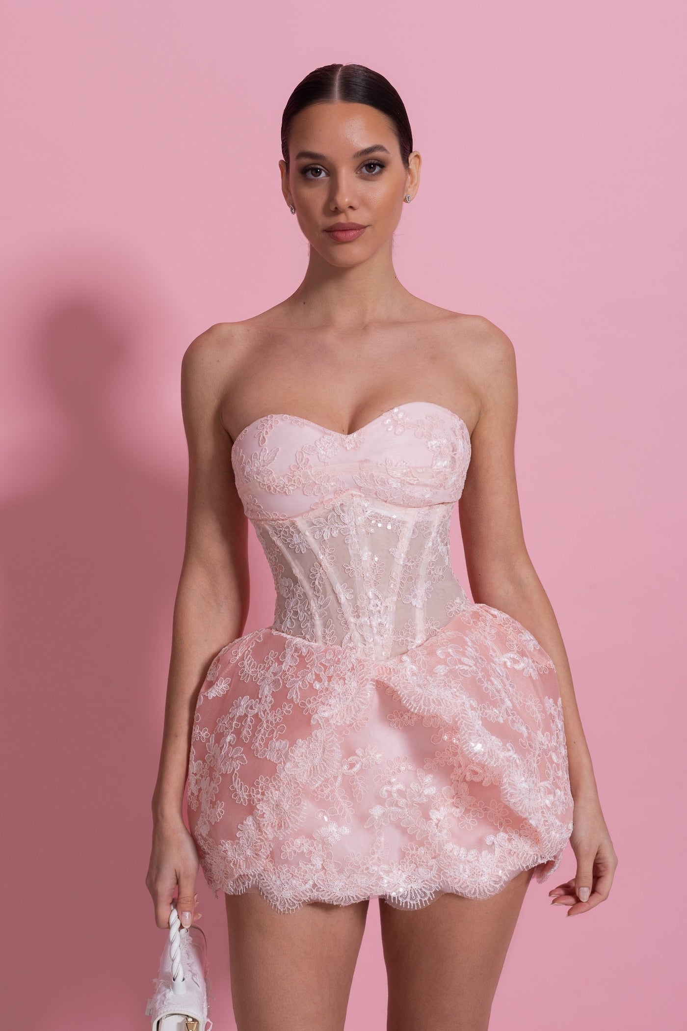 Strapless Lace Mini Dress With Corset Bodice And Bubble Hem Skirt - Blush Pink