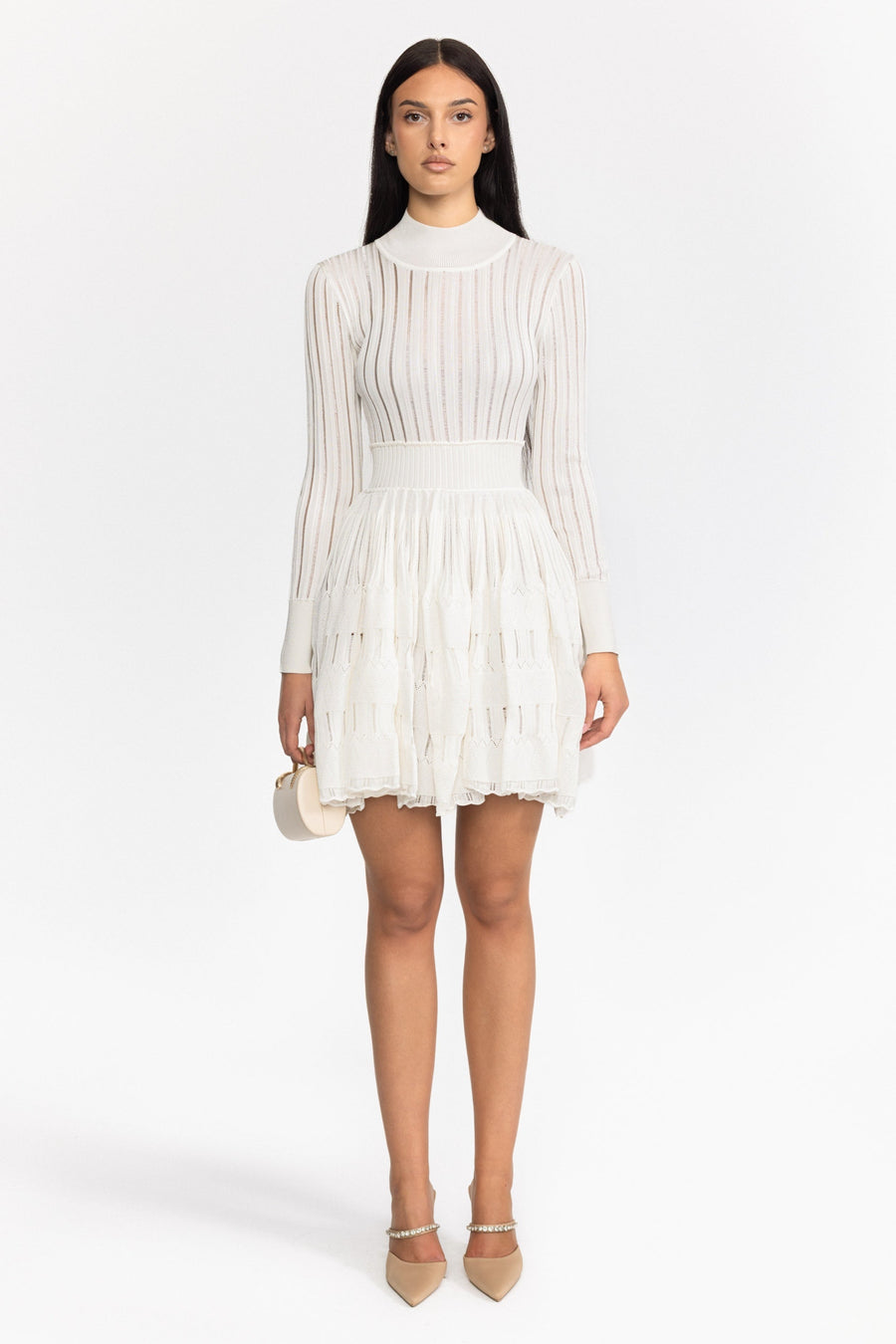 Ambrine Sheer Ladder Knit Long Sleeve Skater Mini Dress - White