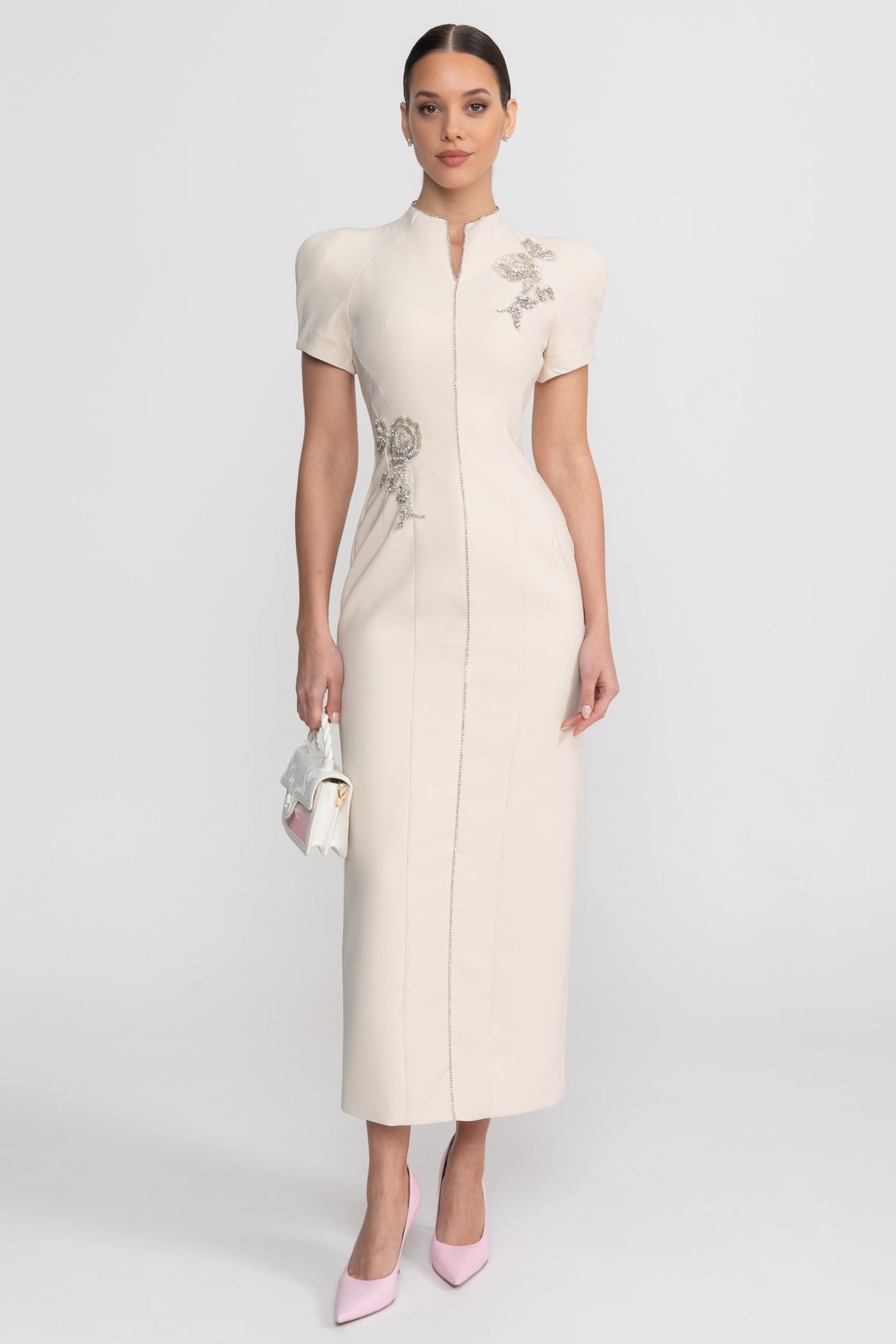 Short Sleeve Midi Dress With High Split Neckline And Sparkling Embellishments - Ivoire