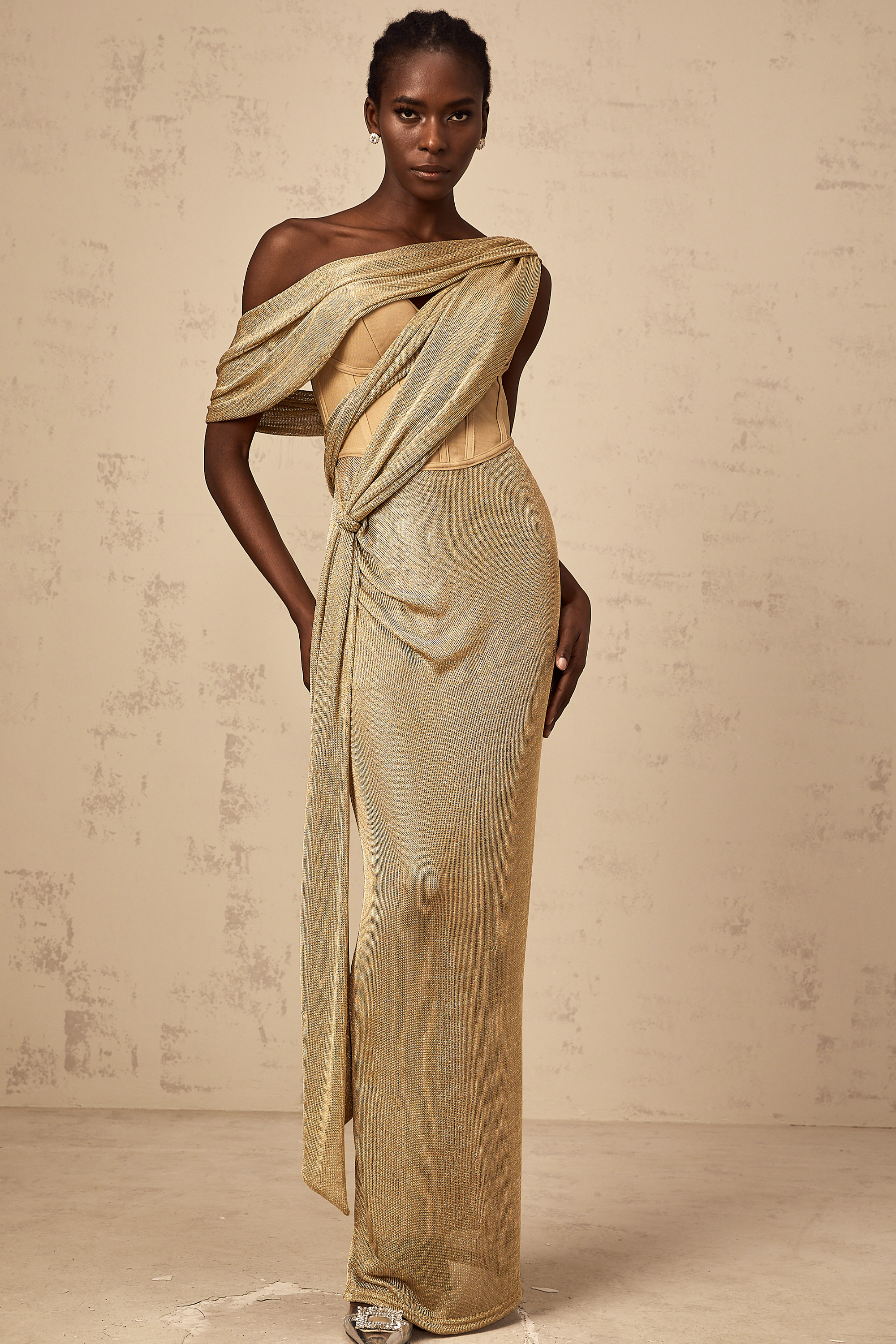 Delphine ribbon-design corset maxi dress in Khaki