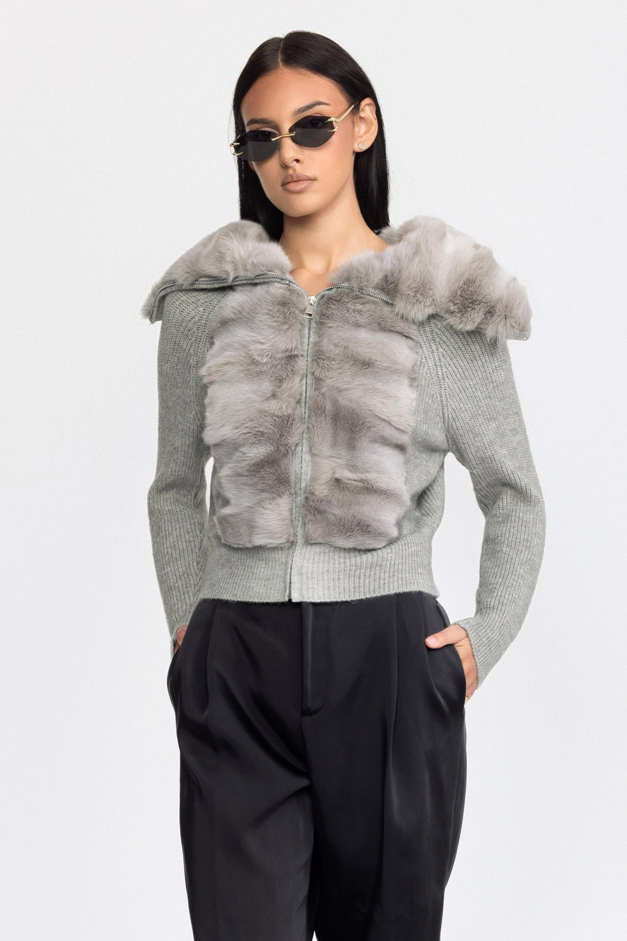 Anouk Rabbit Fur Panel Knit Zip Cardigan - Grey