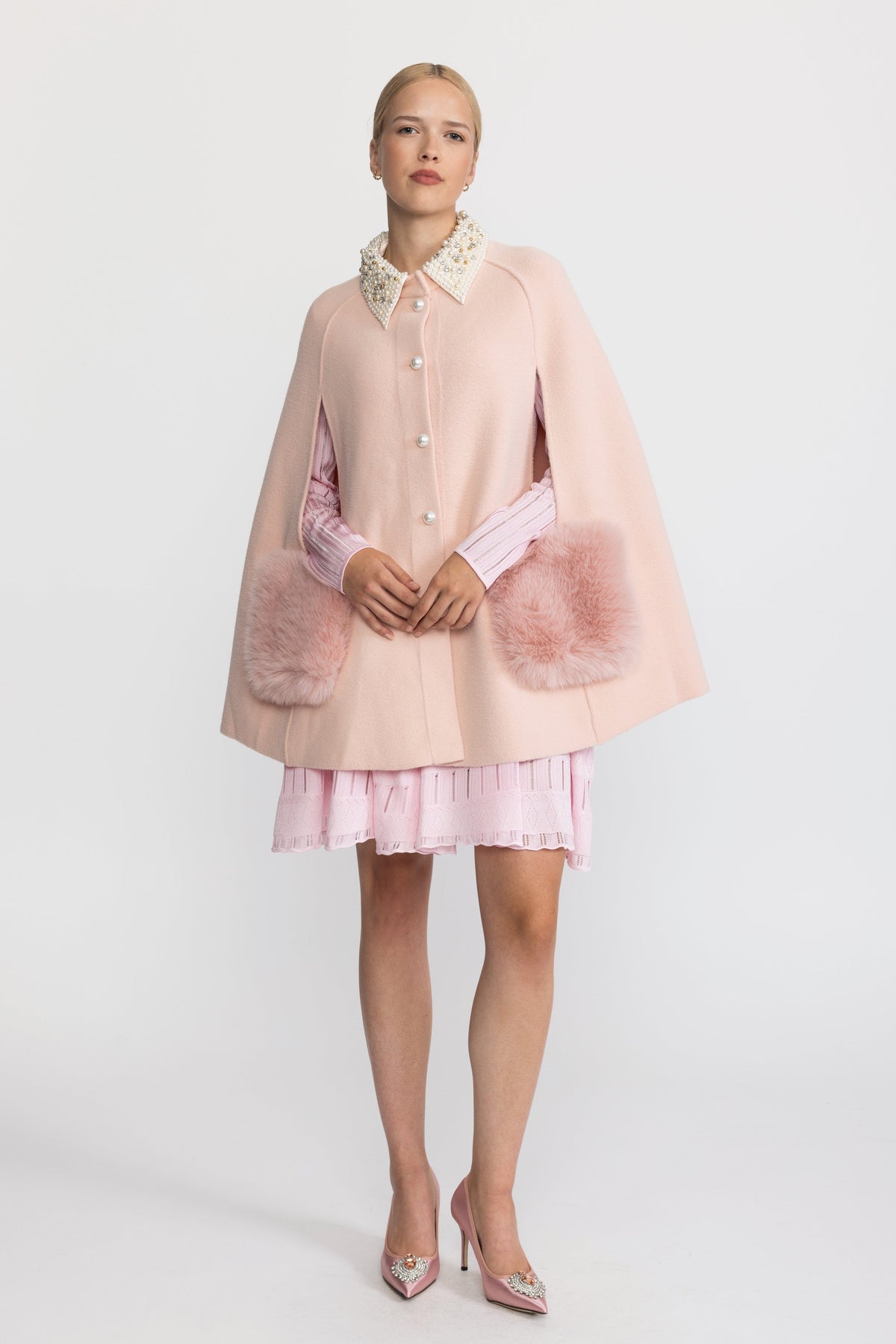 Pearl Embellished Collar Cape with Faux Fur Pockets - Pink