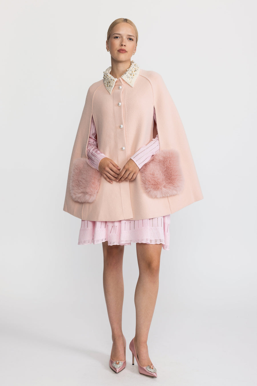 Annabelle Pearl Embellished Collar Cape with Faux Fur Pockets - Pink
