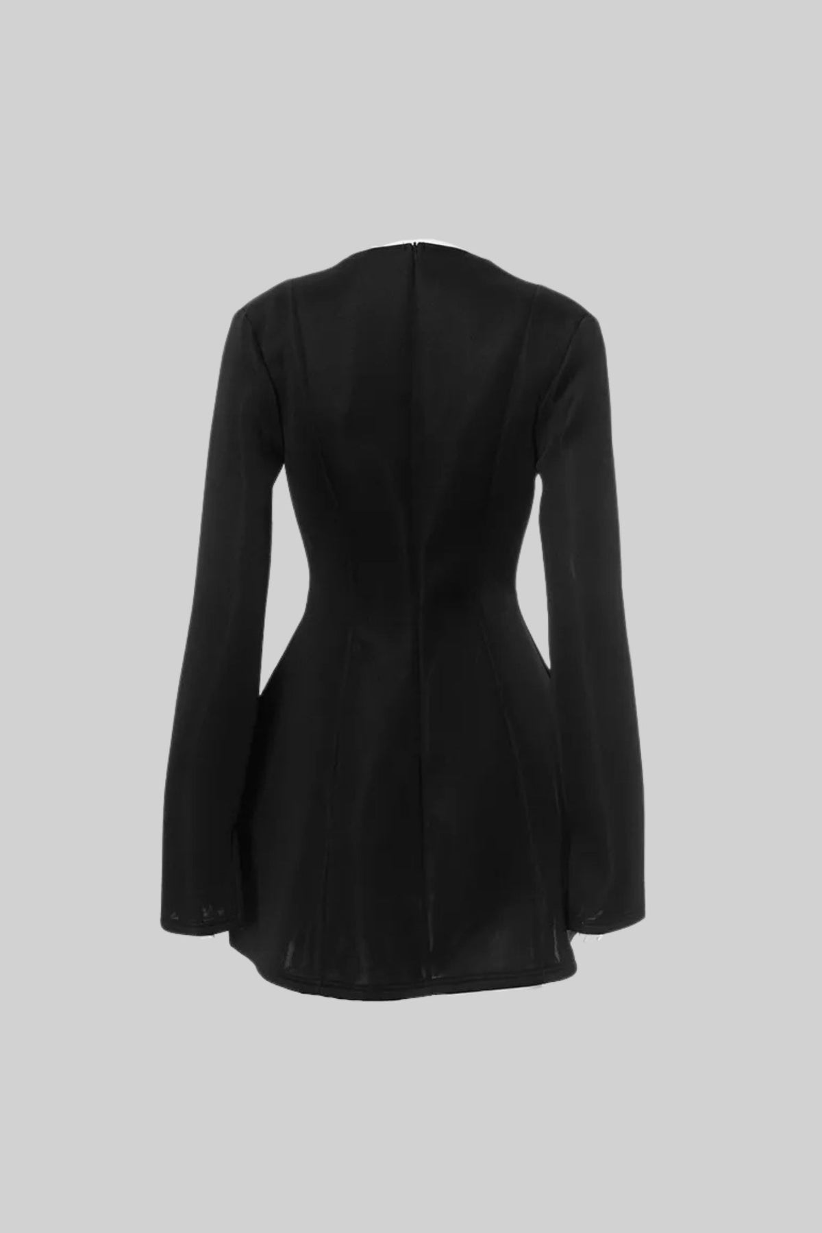 Long Sleeved Blazer Dress With Deep V-Neckline - Black