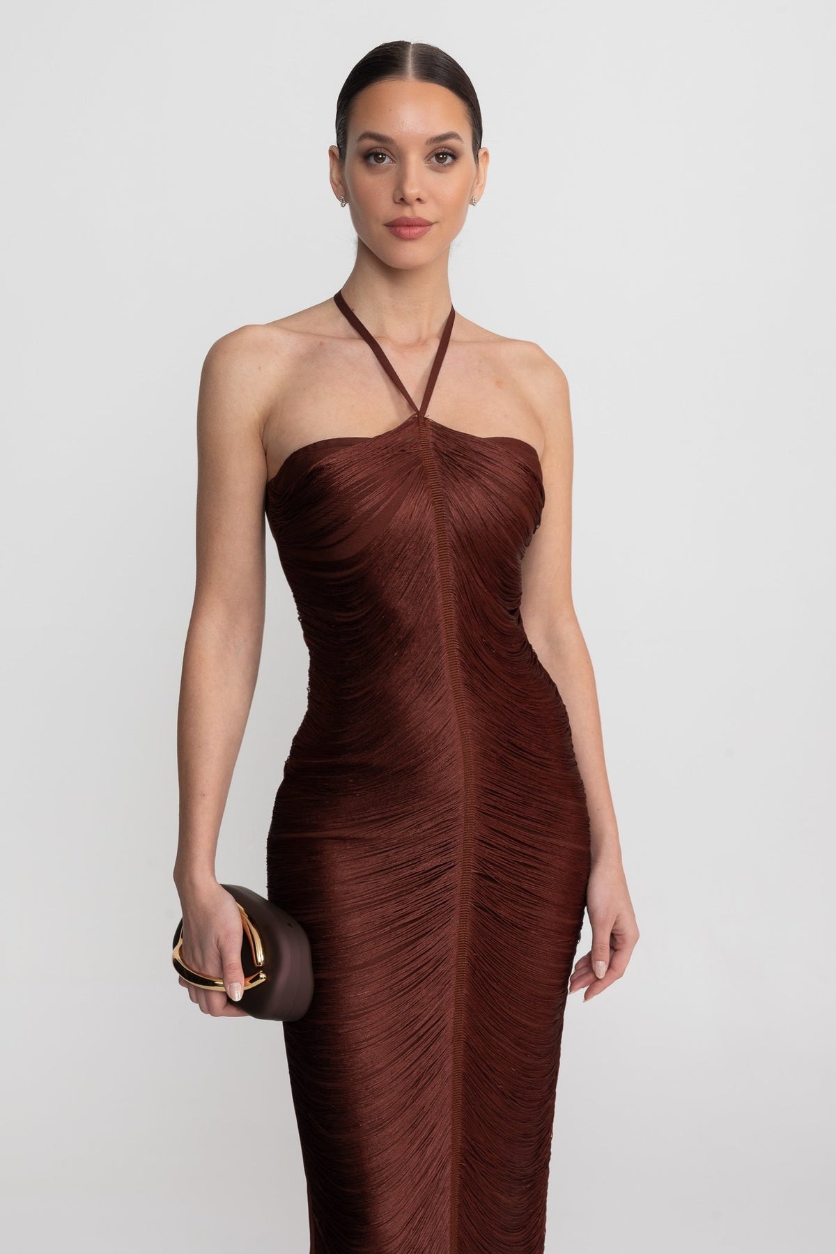 Halter Neck Midi Dress With All-Over Pleated Texture - Brown