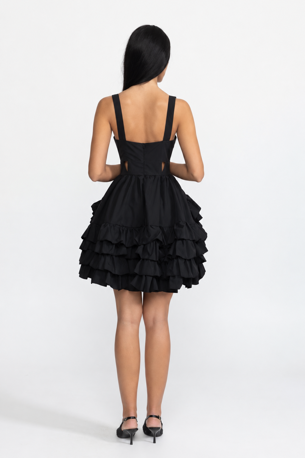 Celestine Black Embroidered Flower Cutout Ruffle Mini Dress
