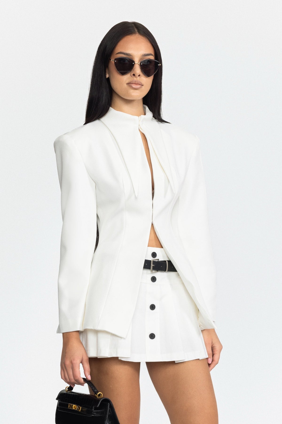 Belted Pleated Button Front Mini Skirt - White
