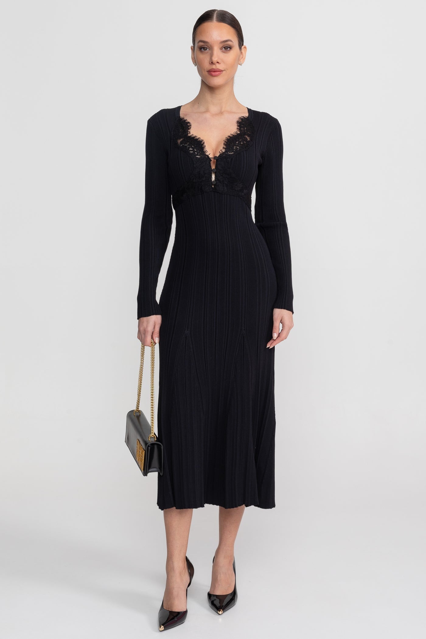 Leontine Black Ribbed Long Sleeve Midi Dress With Lace-Trim V-Neckline