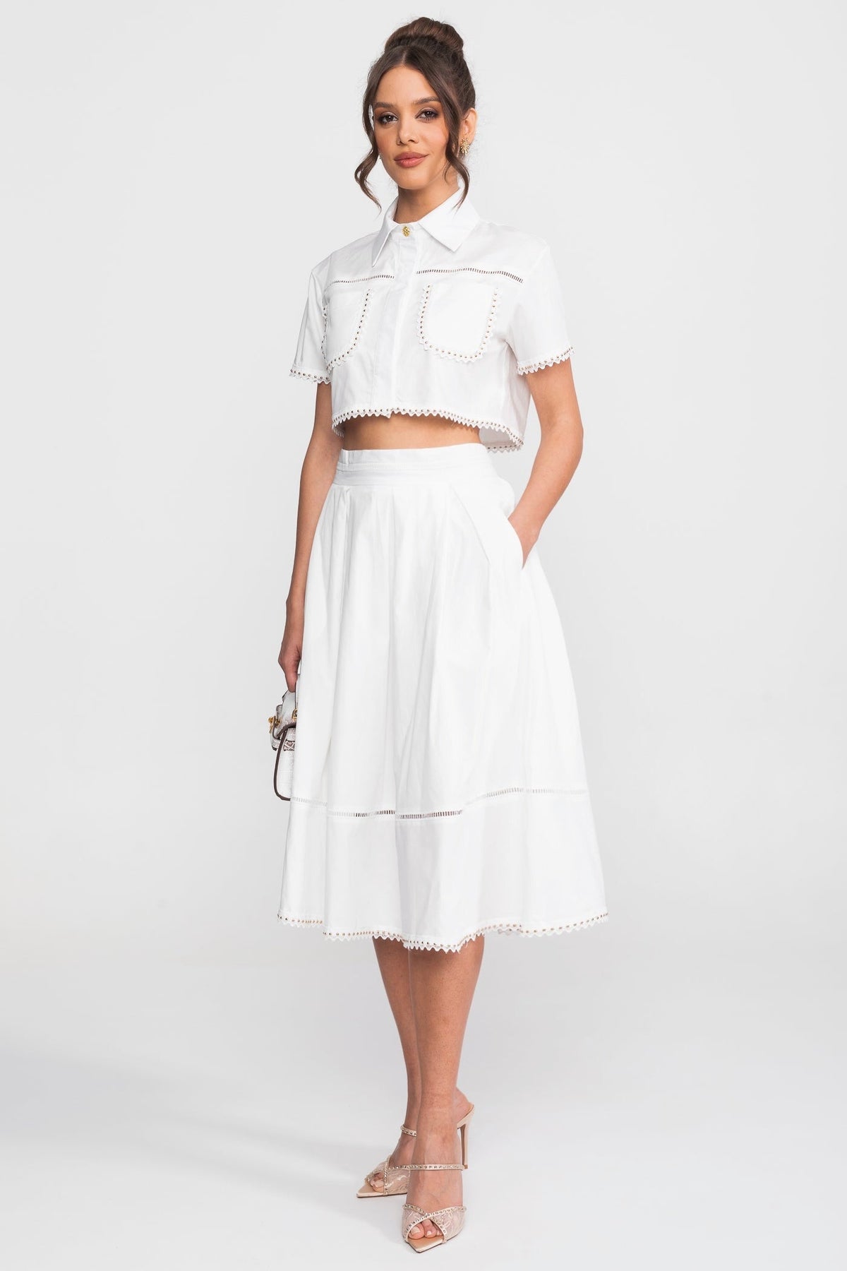 Broderie-Trim Cropped Shirt And Midi Skirt Co-Ord Set - White