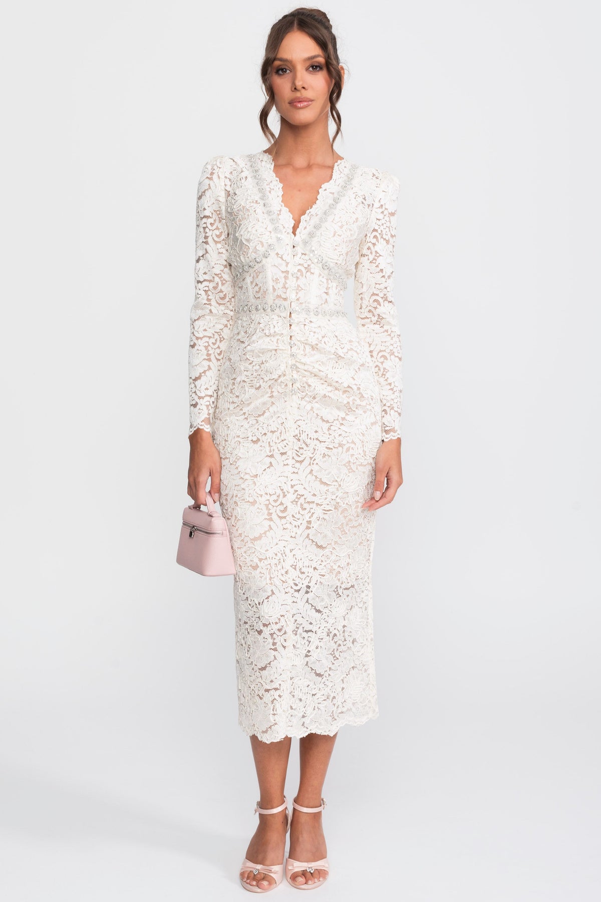 Lace Midi Dress With Crystal V-Neckline And Ruched Front Detail - Ivoire