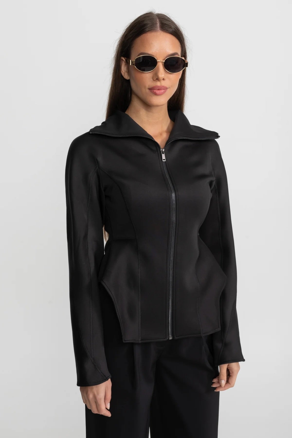 Structured Zip-Up Jacket With Sculpted Seams And High Collar - Black
