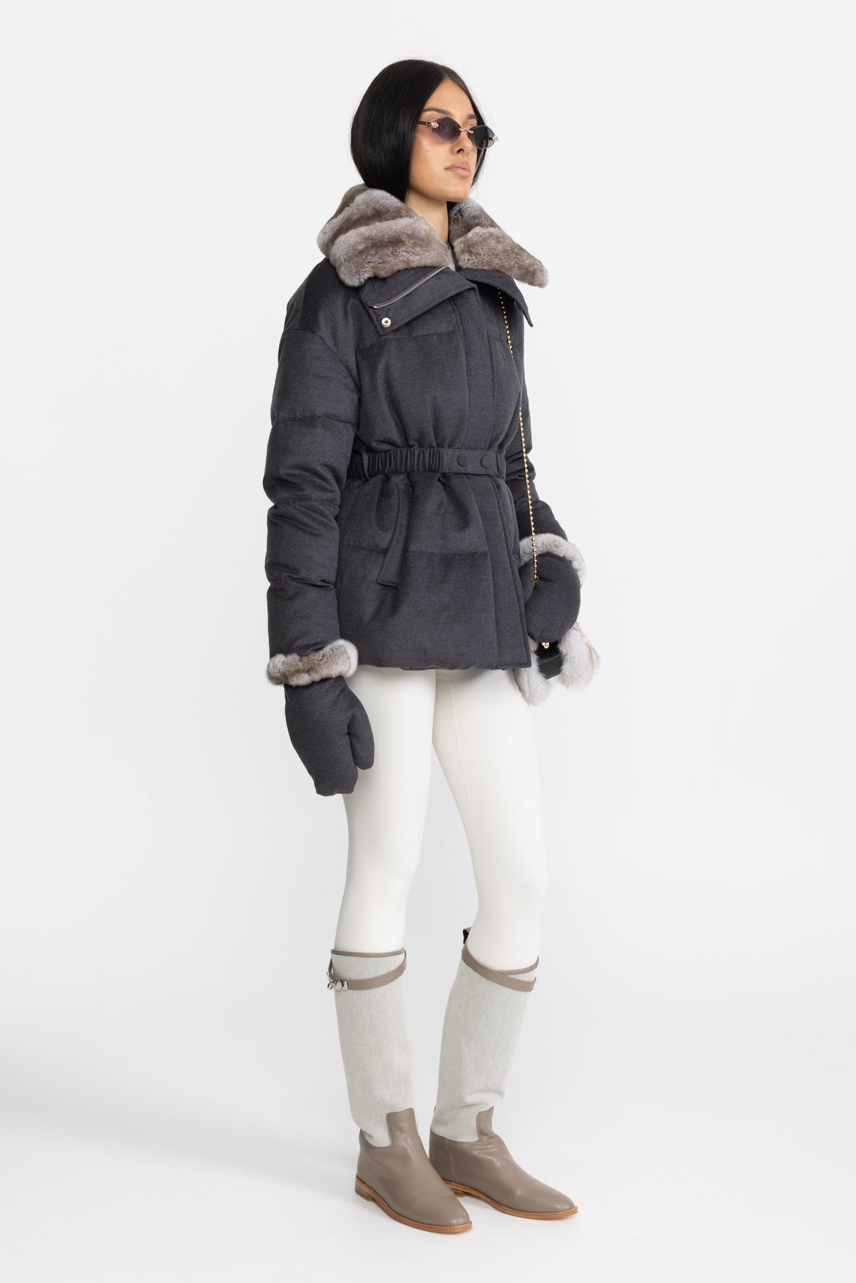 Rex Rabbit Fur Collar Cotton-Silk Down Jacket - Charcoal