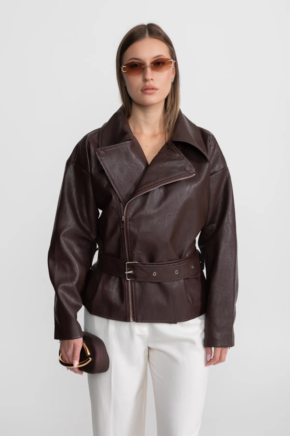 Belted Biker Jacket With Wide Lapels – Chocolate Brown