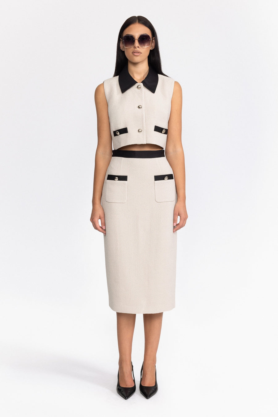Victoire Contrast Collar Tweed Crop Top and Midi Skirt Set - Off-White