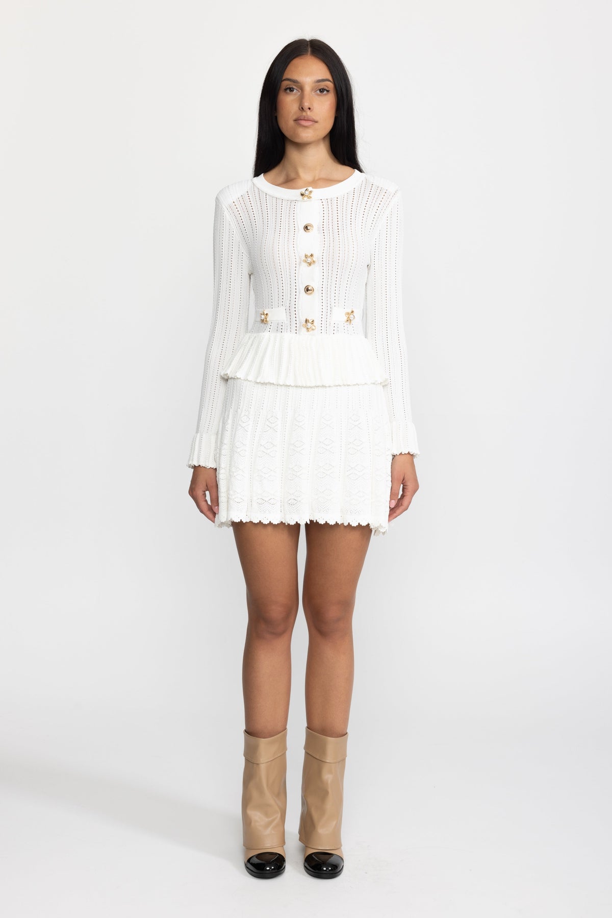 Pointelle Knit Peplum Mini Dress with Flower Buttons - White