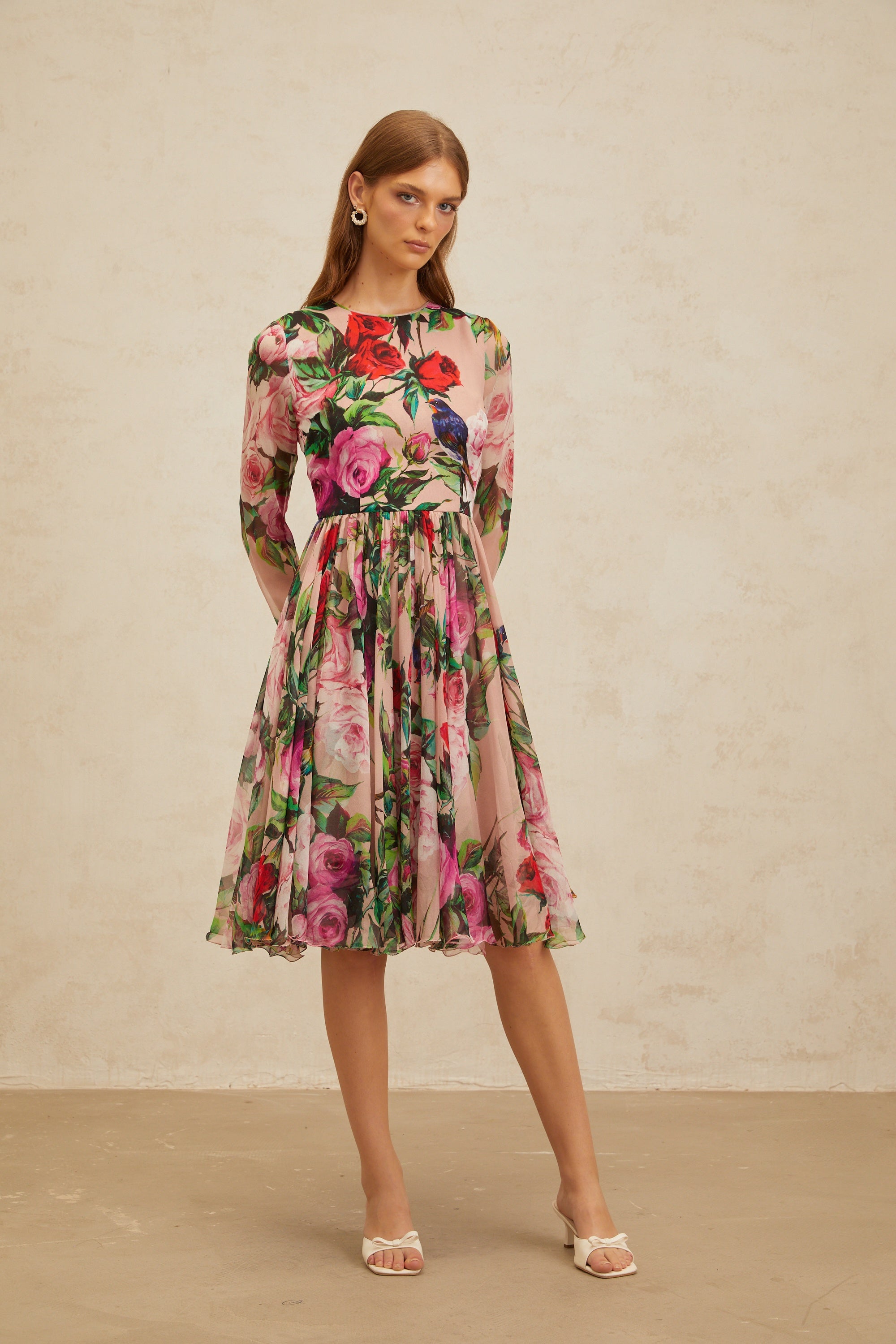 Coralie Pink Rose Print Summer Silk Midi Dress