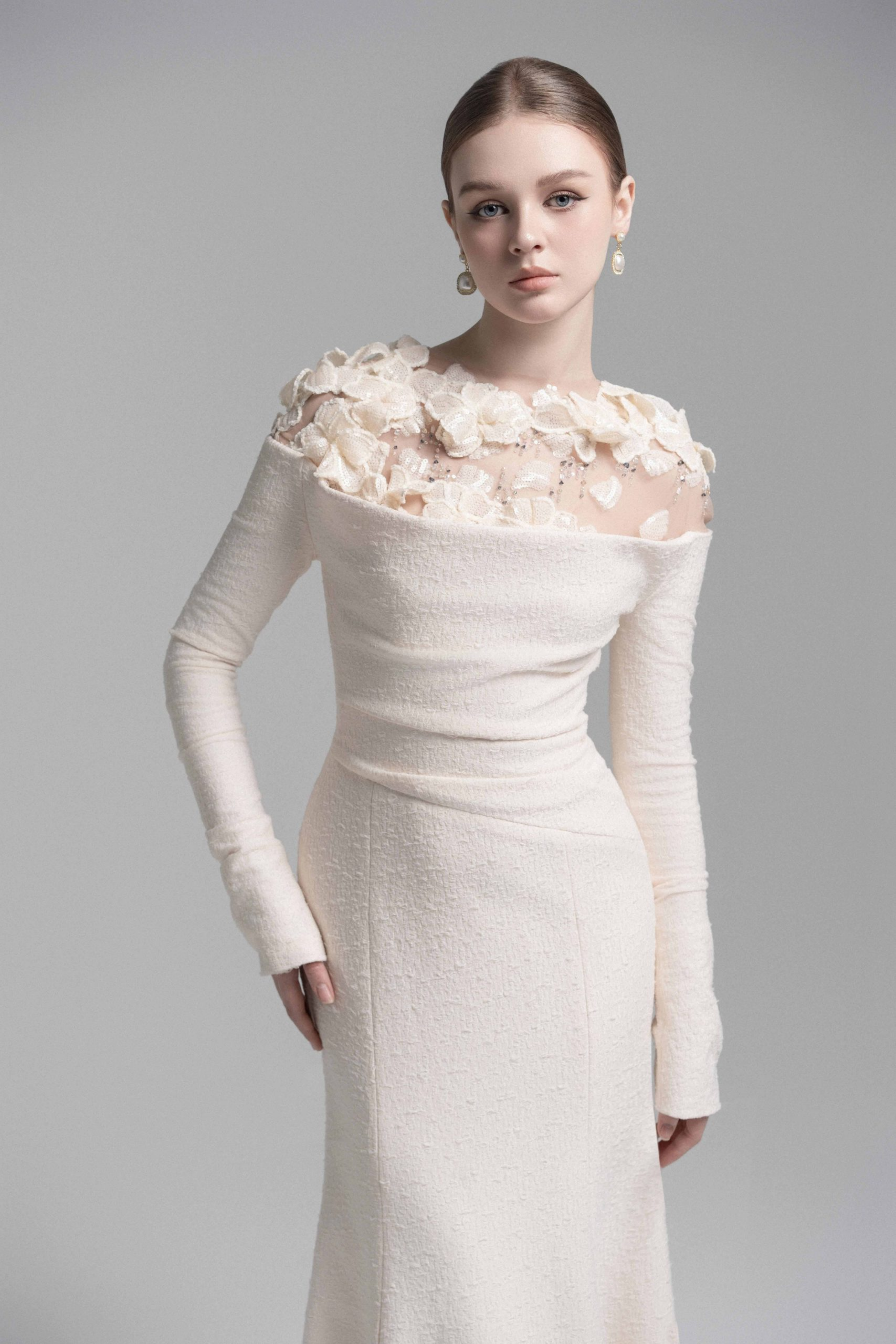 Silvia White Floral Appliqué Off-Shoulder Gown