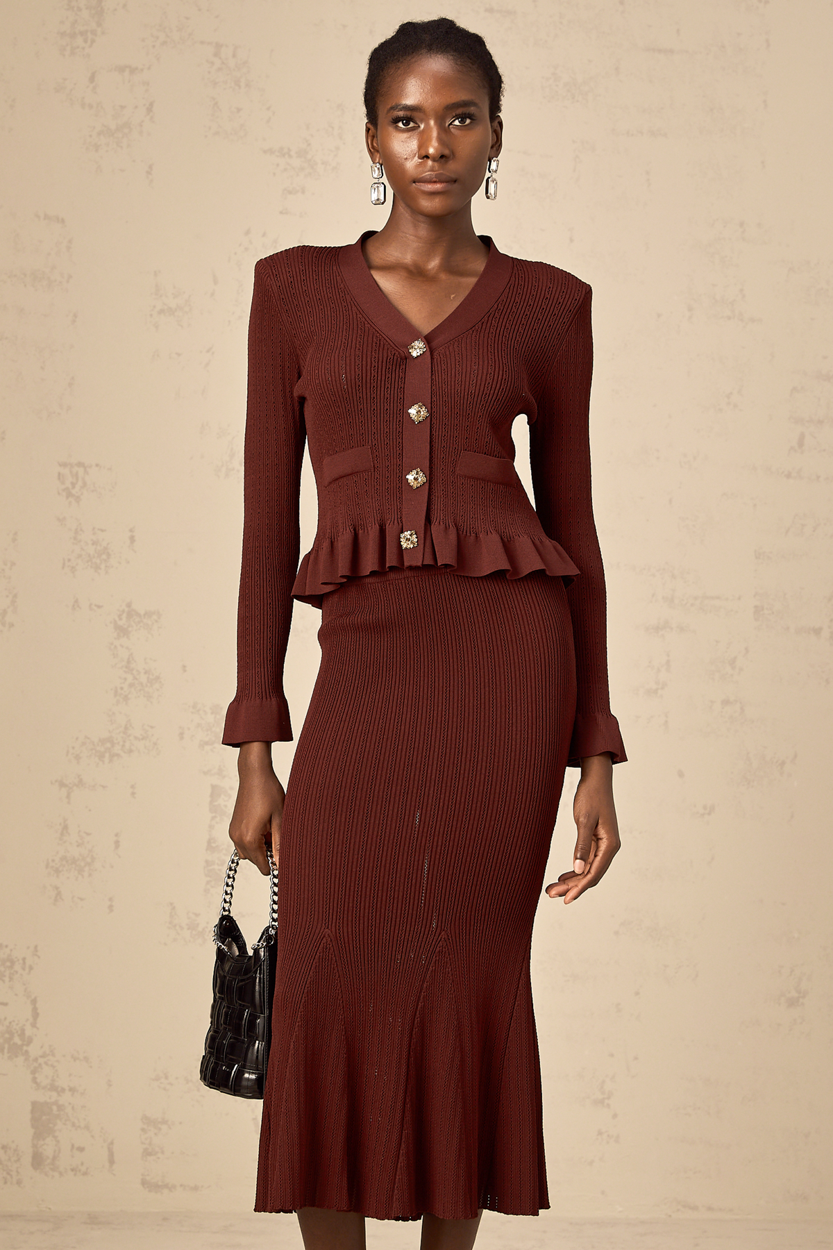 Corrine red ruffled knit top & skirt matching set (Final Sale)