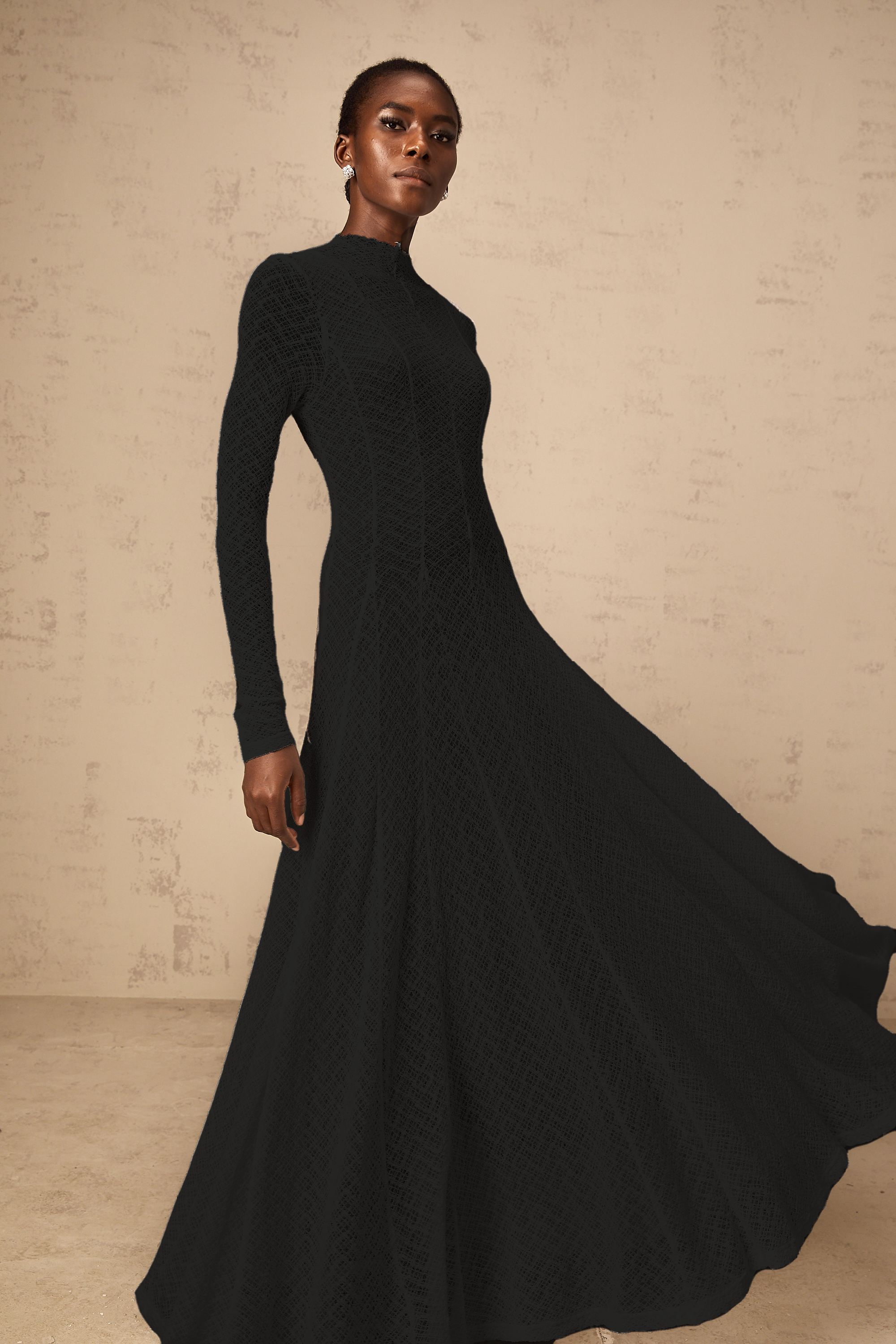 Athena wavy-pattern lace maxi dress in Black