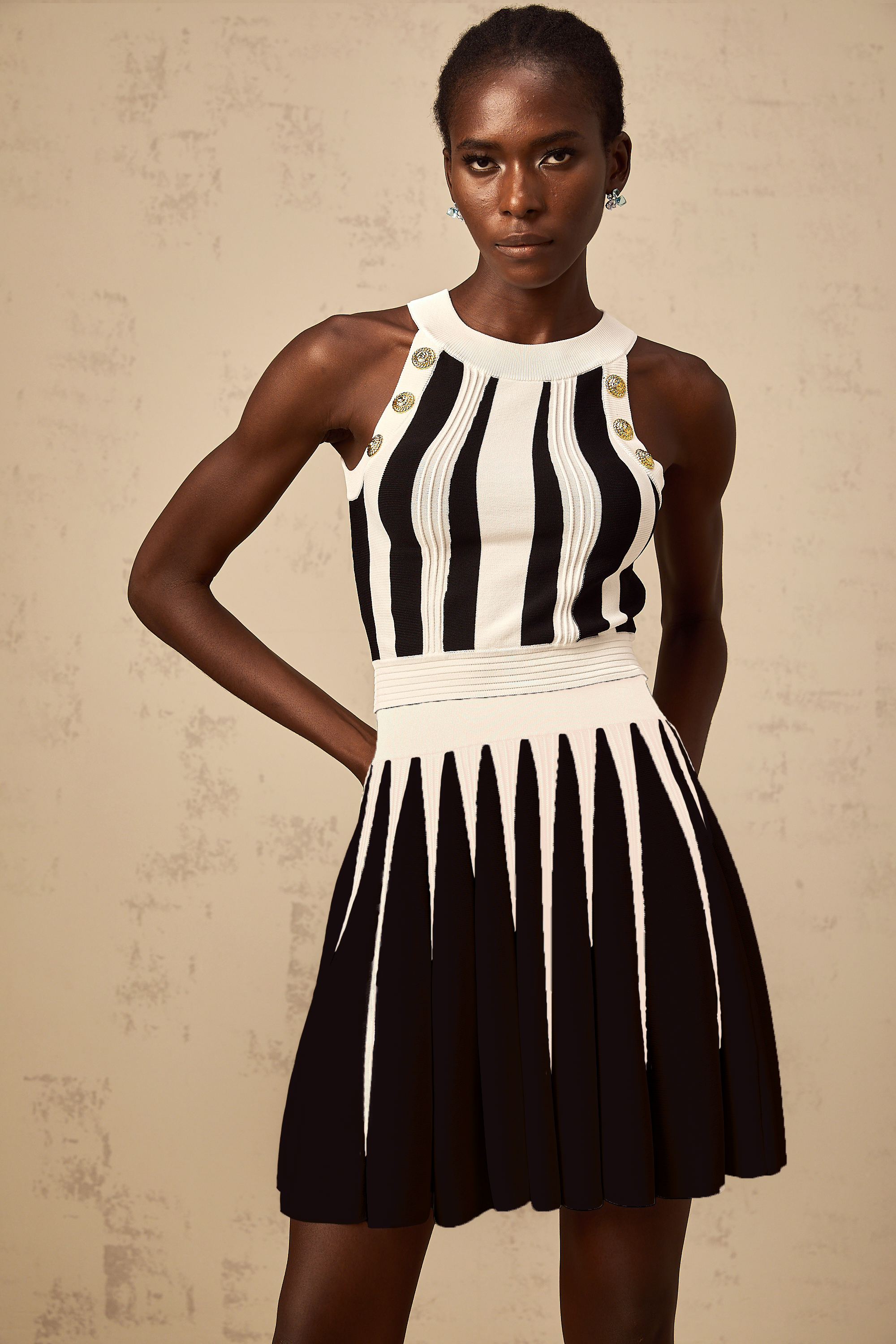 Iseult contrast-color striped knit top & skirt matching set