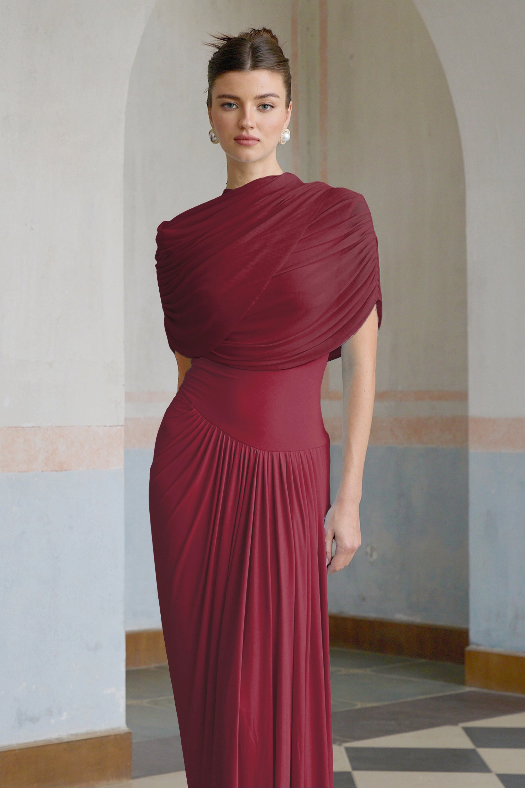 Catherine asymmetric pleated maxi dress in Red