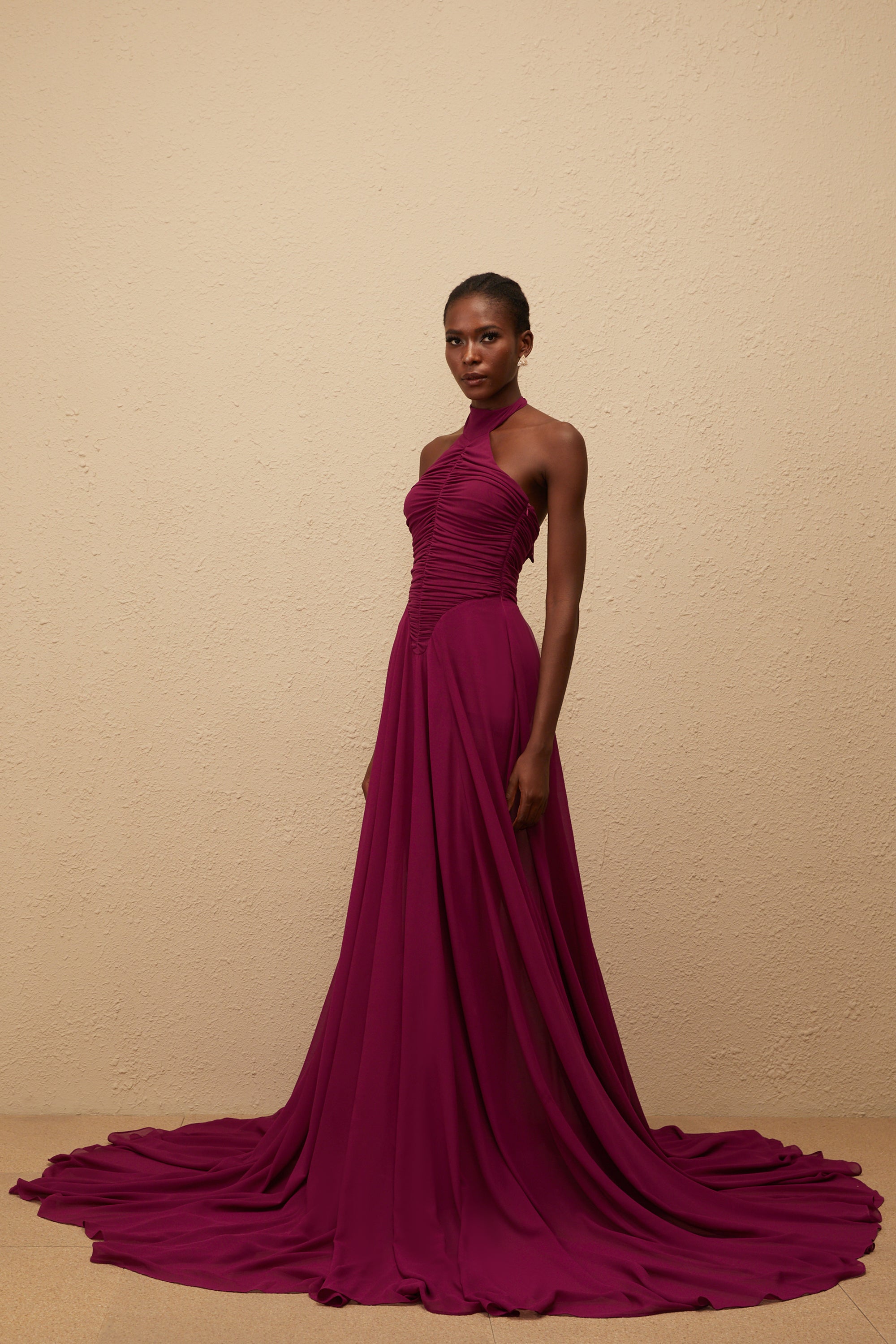 Kerstin Purple Train Design Ruched Maxi Dress (Final Sale-US Only)