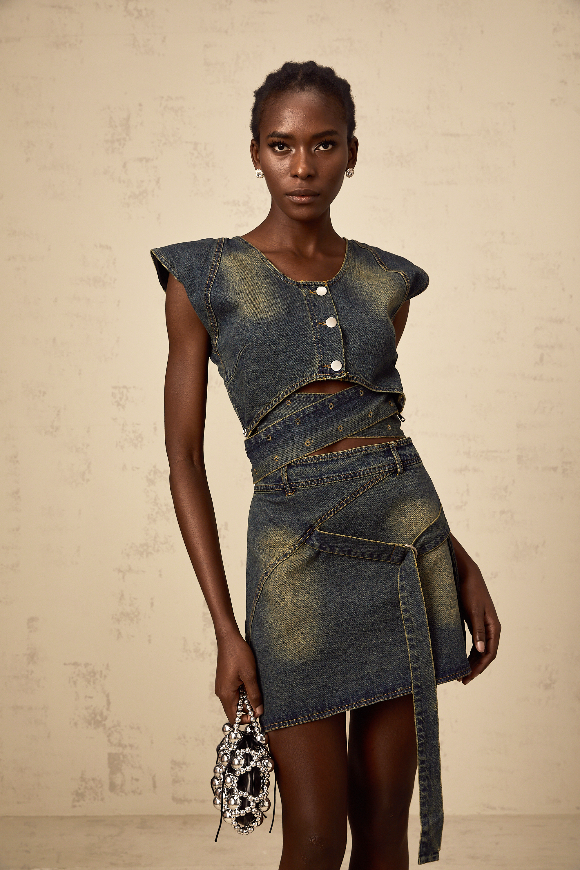 Fanny blue cross-over denim top & skirt matching set