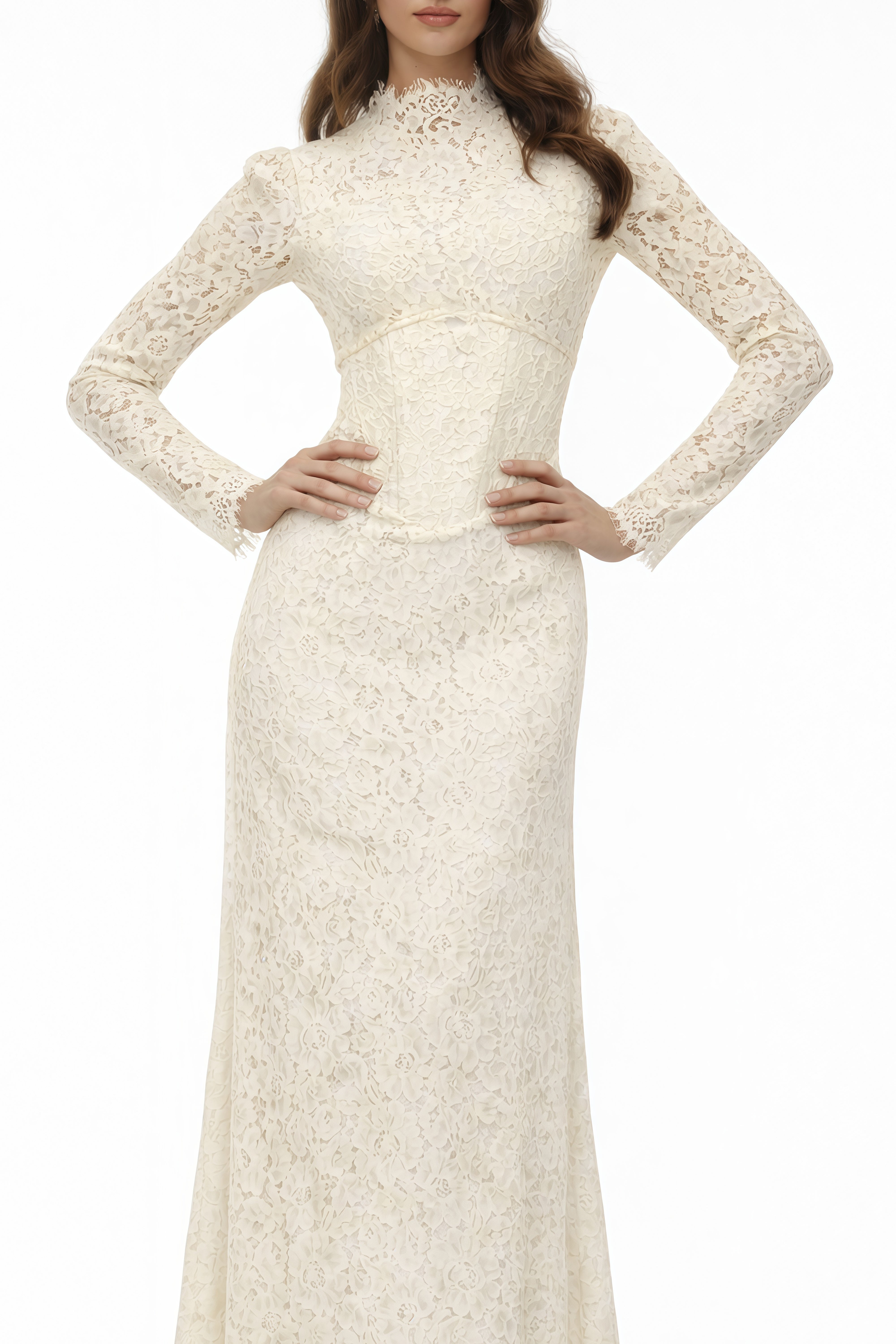 Maggie Ivory High Neck Floral Lace Maxi Dress