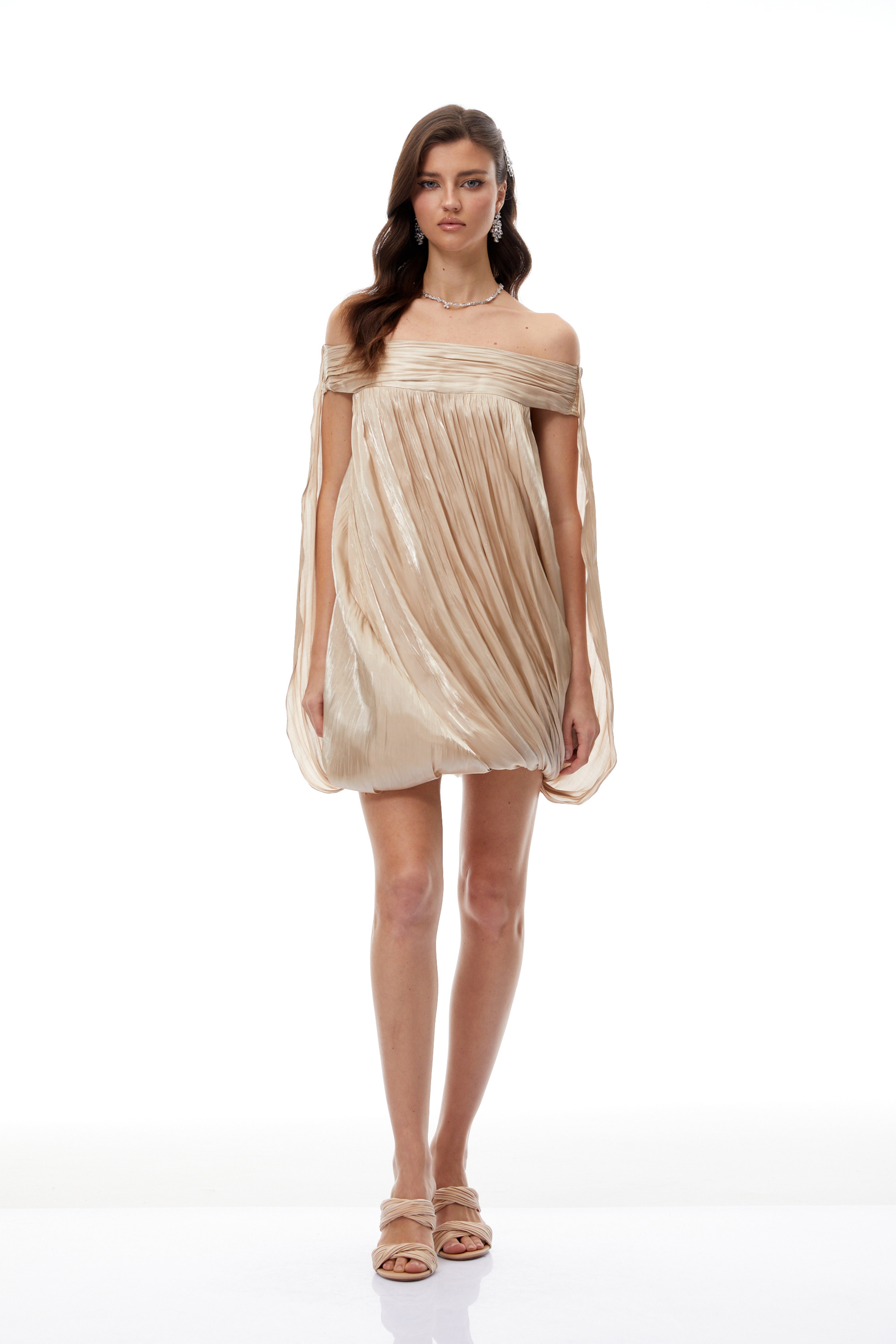 Anastasia Neutral Draped Glossy Mini Dress